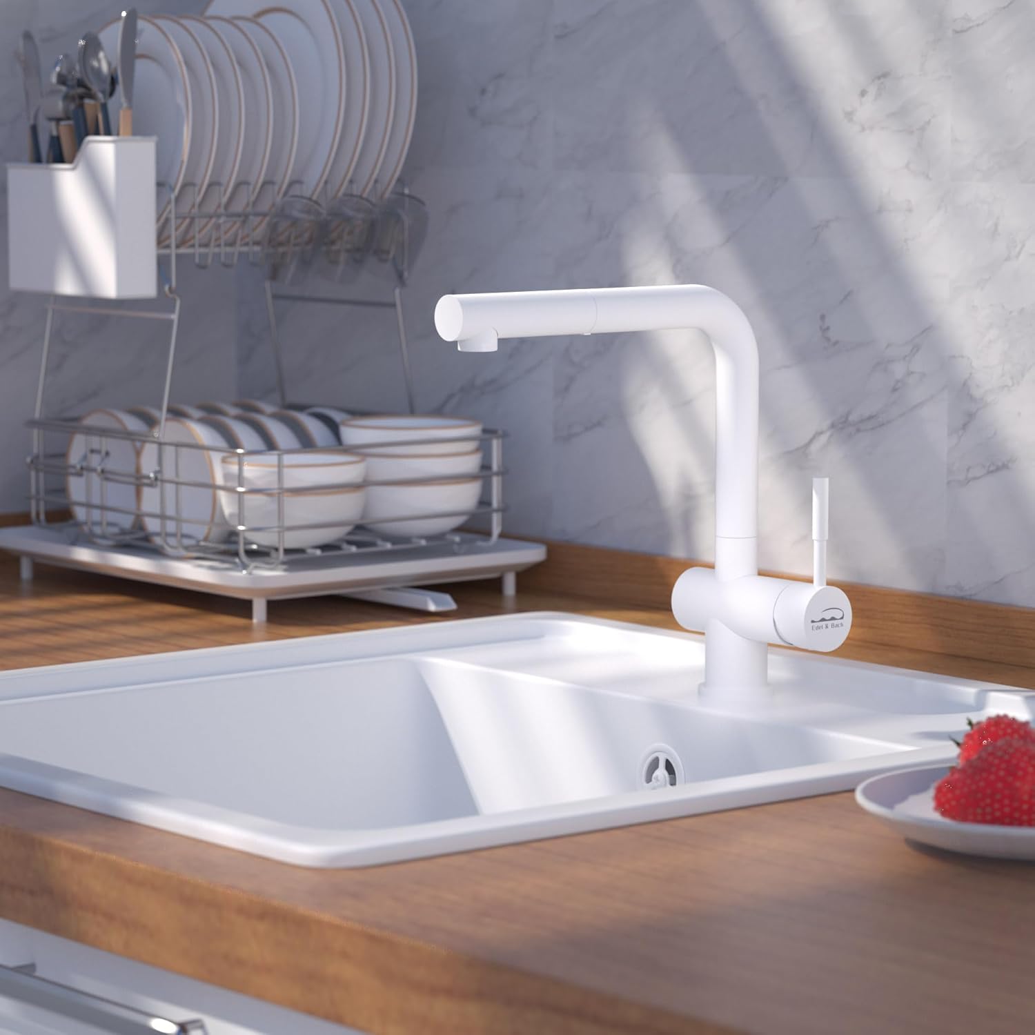 Edel & Bach Premium Pull-Out Kitchen Faucet with a 120° Swivel Spout, Precision-Cast from SUS304 Stainless Steel 1 Handle 1 Hole Brushed, for Farmhouse Laundry Camper Rv Bar (White)