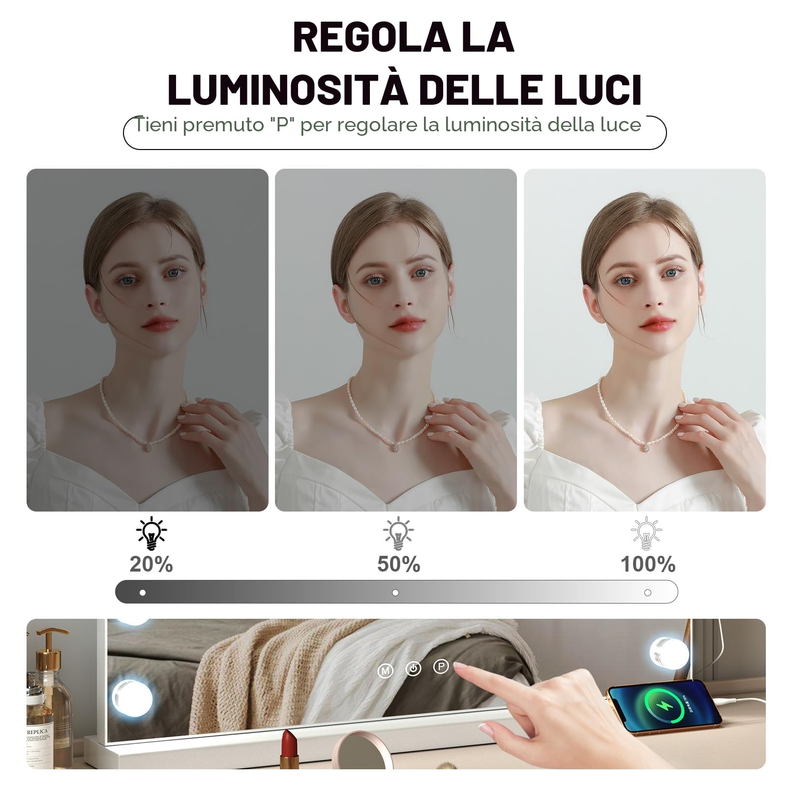 Specchio Trucco con Luce - 14 LED Dimmerabili 3 Modi, 50x40cm Touch Sensor Specchio da Make-Up Hollywood con 10x Ingrandimento, Multiuso Tavolo/Parete