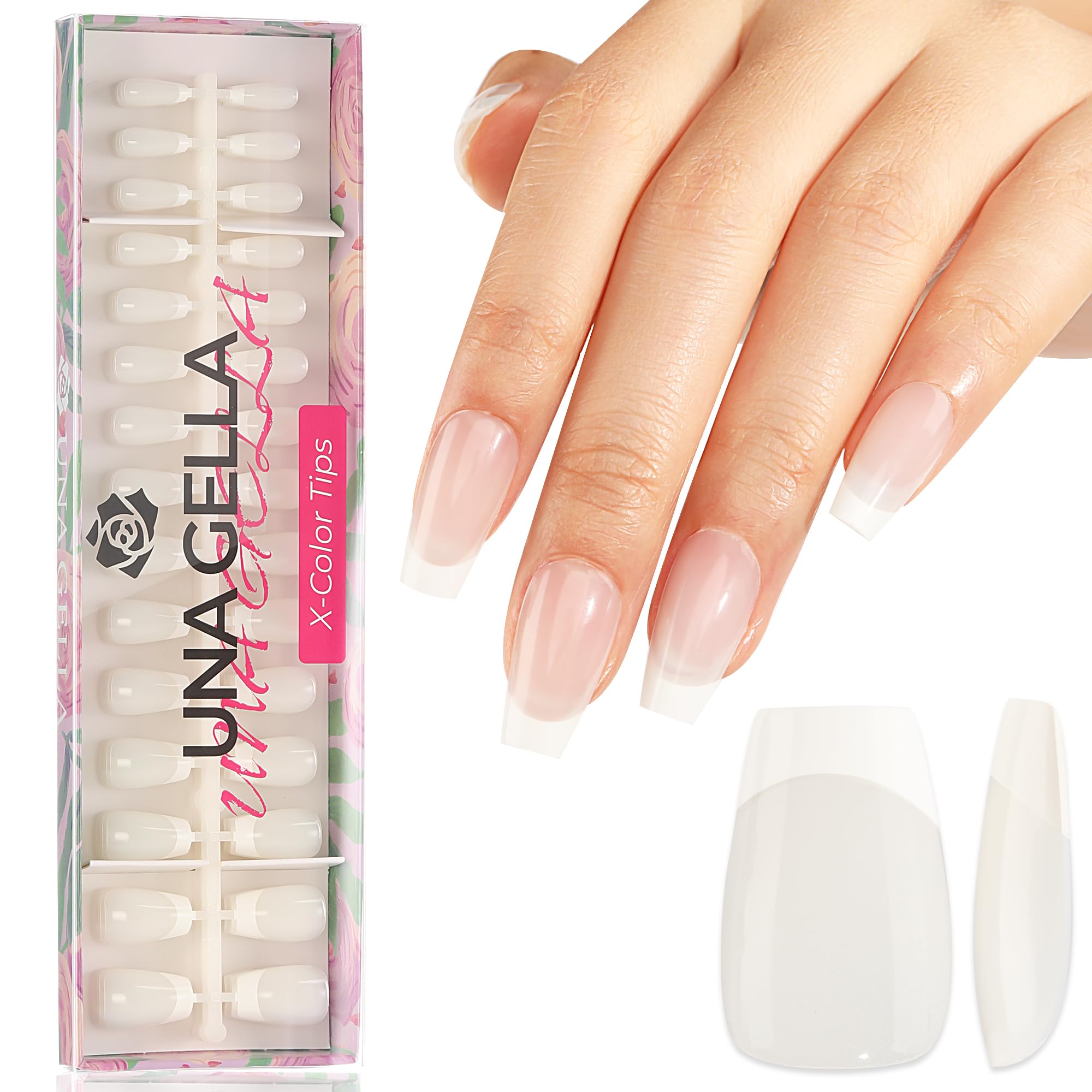 Photo 1 of UNA GELLA Short Coffin Press On Nails 4 IN 1 White French Tip Press Ons Short Coffin Nail Tips X-Color Tips (Base Coat&Tip Primer&Pre-matte) 150PCS Coffin Fake Nails Faster Home Nail Art Salon 15Size B-S-Coffin