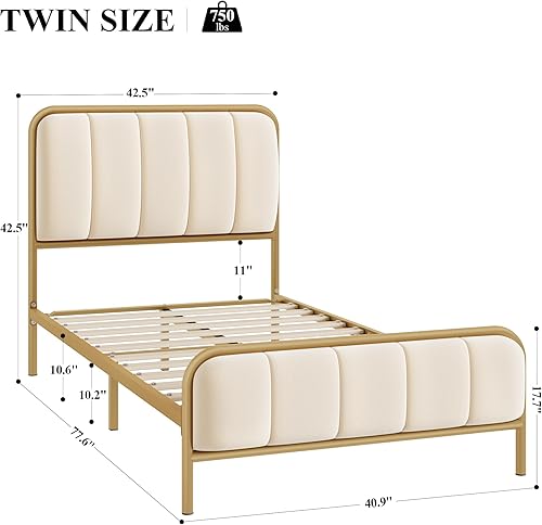 Miniatura 9 de HITHOS Base de cama de tamaño matrimonial marco de cama tapizado con cabecera capitoné base de colchón de metal resistente con listones de madera