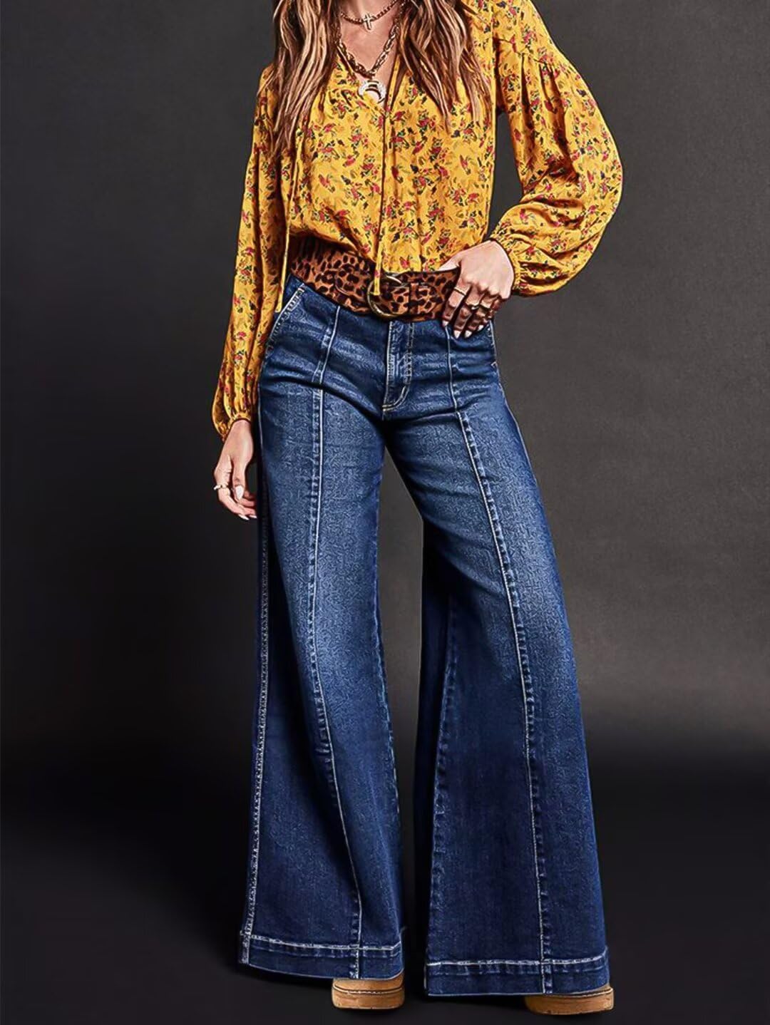 Flamingals Wide Leg Jeans for Women Mid Waist Baggy Stitch Decor Denim Washed Pants Without Belt