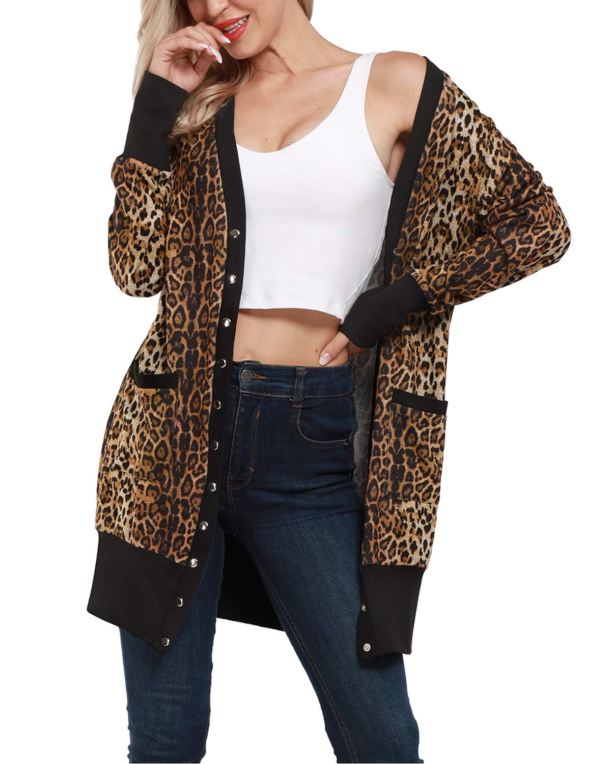 II ININ Cardigan da Donna con Scollo a V Lavorato a Maglia a Maniche Lunghe con Bottoni leopardati e Tasche