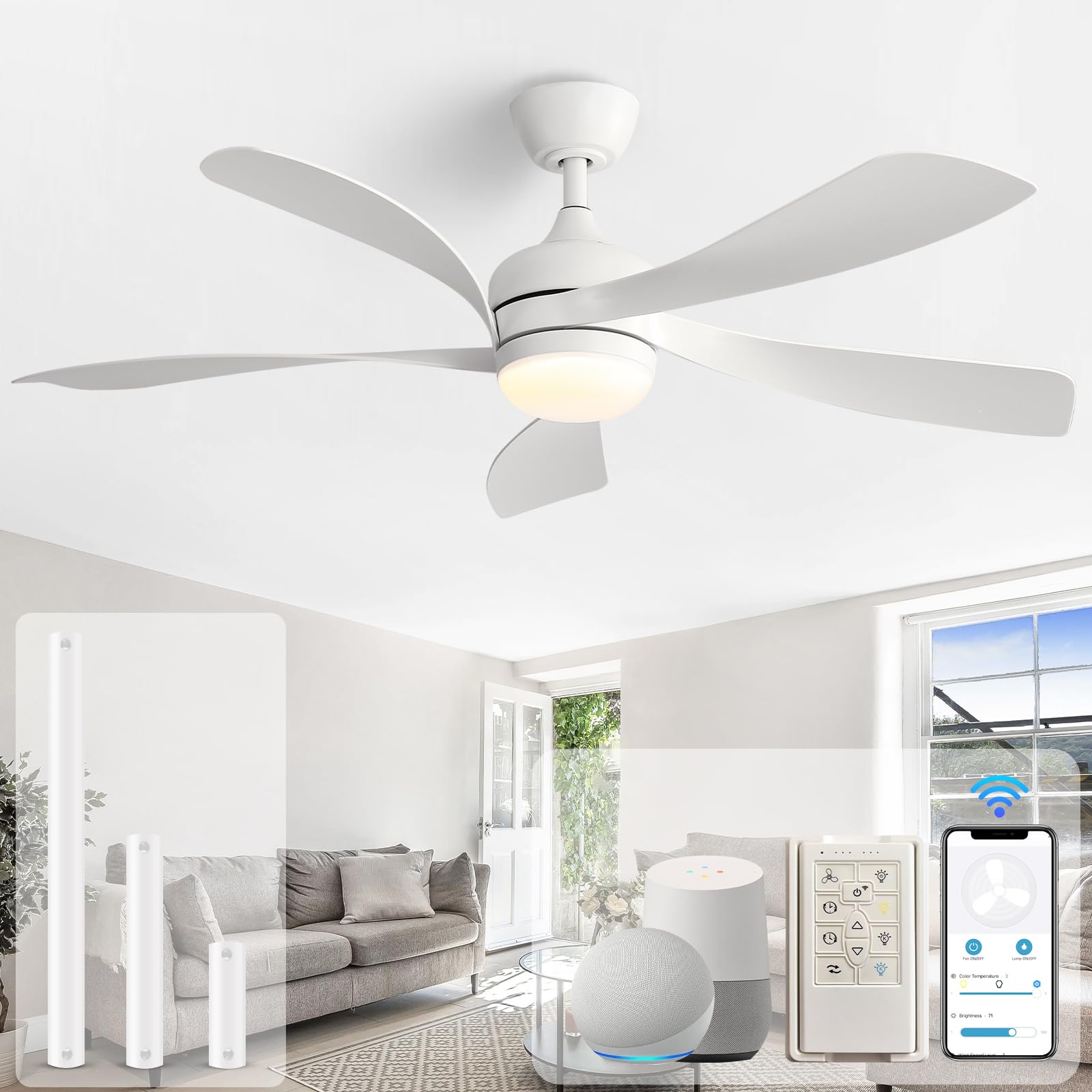 Sofucor 52" Smart Ceiling Fan, Indoor/Outdoor White Ceiling Fans with Lights and Remote, Works with Alexa/Google/App, 3-Color Light 6-Speed Timing Reversible DC Motor for Bedroom Living Room Patio