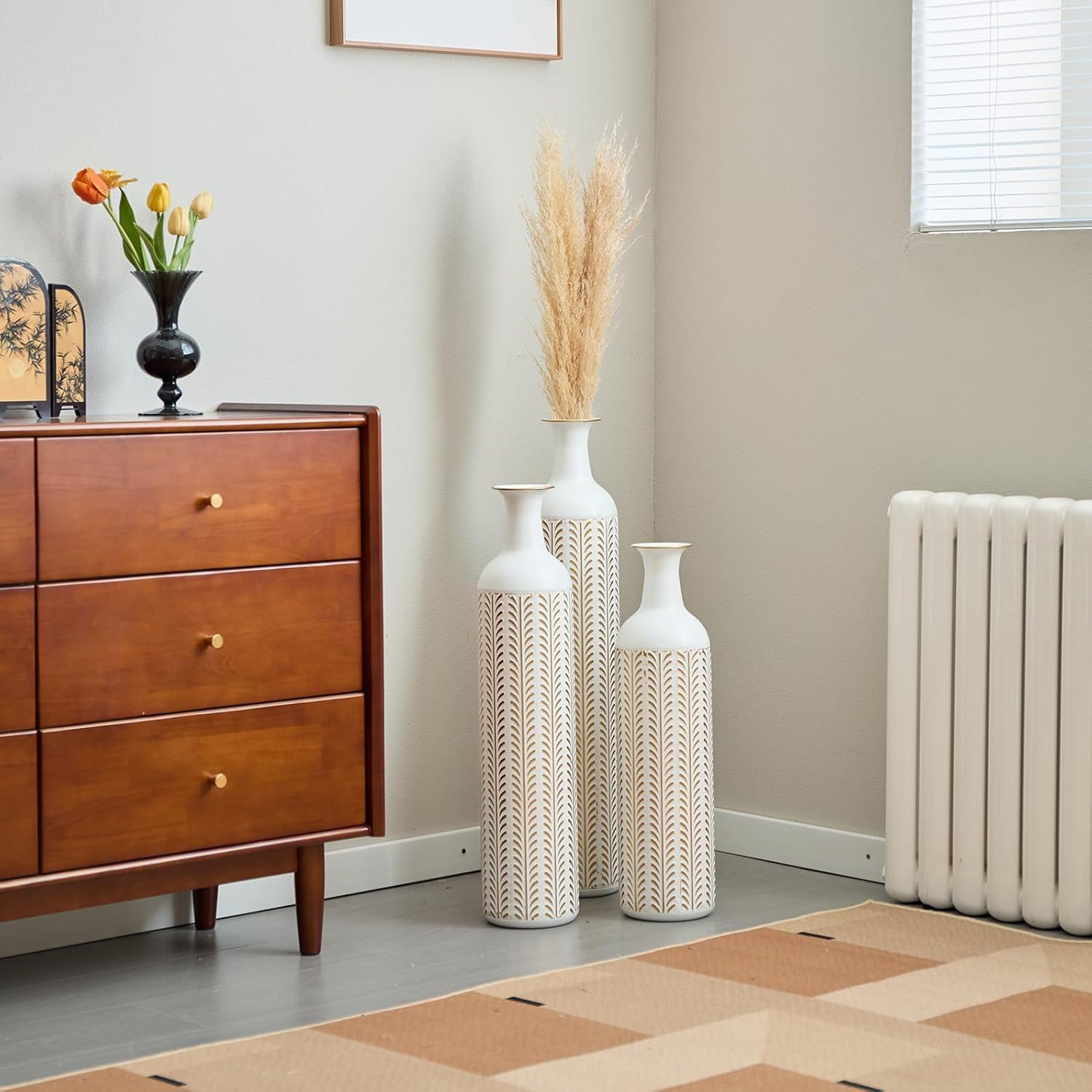 Metal Tall Floor Vase Set of 3, Large Gold Vase Decorative Tall Stand Vases for Dried Flower, Modern Home Decor for Living Room, Hallway, Wedding Centerpiece, 23.6"/27.5"/31.5", White Leaf Shape