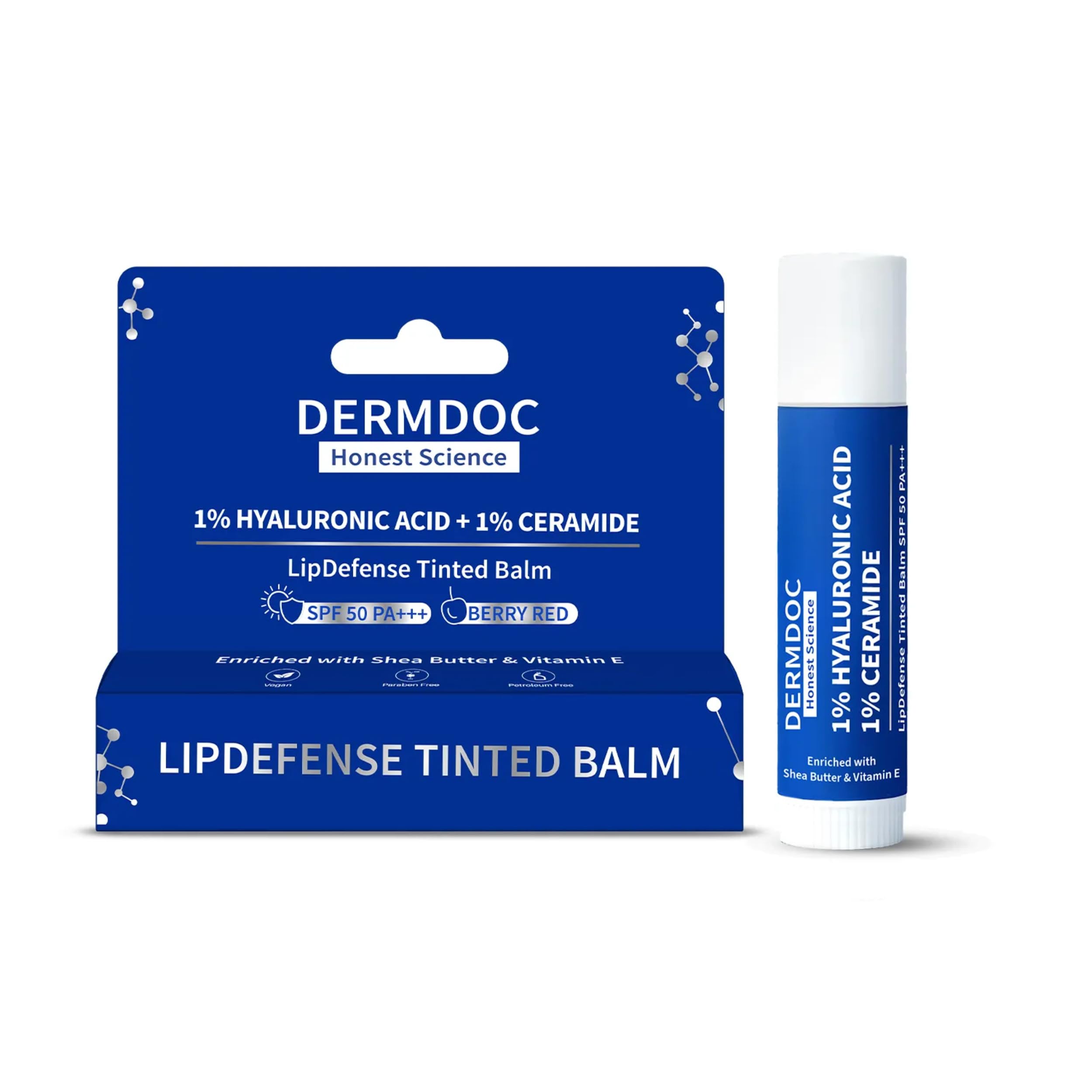 DermDoc 1% Hyaluronic Acid + 1% Ceramide Berry Tinted Lip Balm SPF 50 PA+++ 4 gm| Hydrates, Repairs & Protects Lips | UV Defense + 4 Hr Water Resistance | High Tint Coverage | Deep Moisturization | Sun Protection| Enriched with Shea Butter & Vitamin E