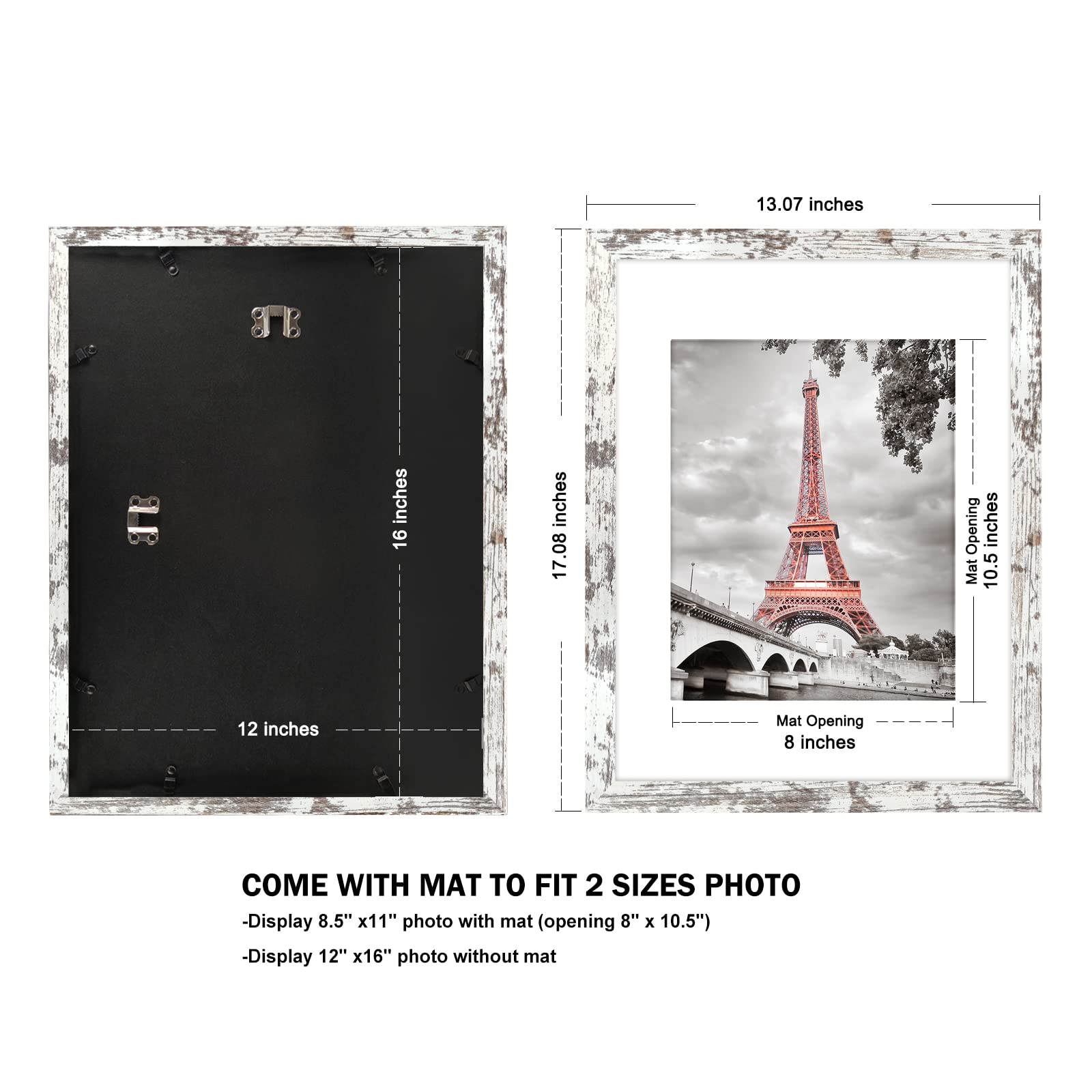 Luxdart 12x16 Rustic Picture Frames Solid Wood Display Pictures 12x16 Inch without Mat or 8.5x11 Diplomas with Mat, Farmhouse Distressed Picture frame for Wall Mounting