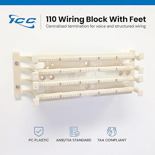 Miniatura 2 de ICC Bloque de cableado 110 con pies, 100 pares, bloque de montaje en pared para voz y datos, cumple con UL 1863, TAA y Sección 889