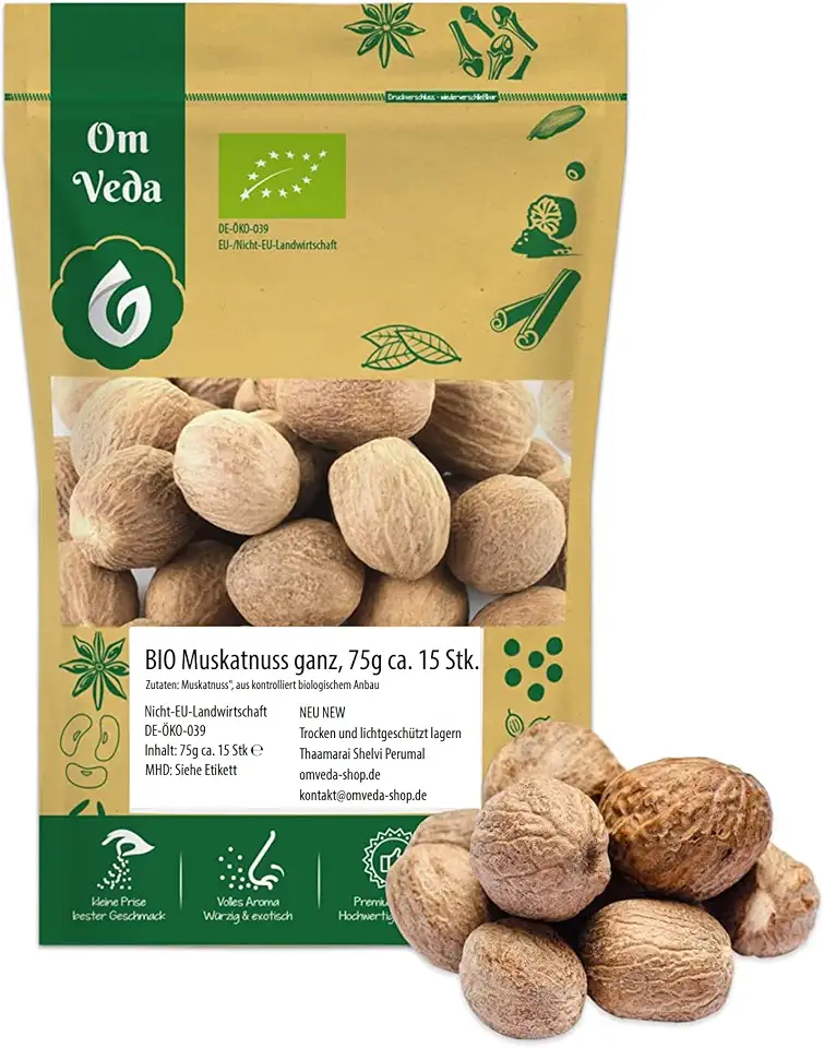 Muskatnuss bei Verdauungsbeschwerden und Schlafstörungen 1 BIO Muskatnuss 15 Stück | Ganze Muskatnüsse aus Sri Lanka | Für Gewürzmühle Reibe | BIO-Qualität handverlesen | Organic Nutmeg | OmVeda