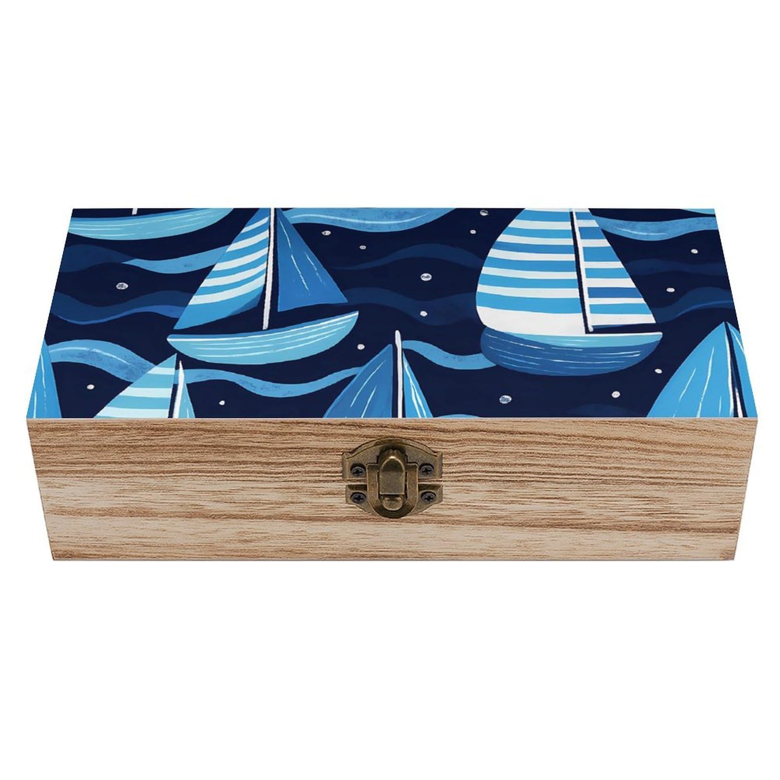 HLBSDM Blue Stripes Sailboats on Ocean Retro Wooden Storage Box Jewelry Art Gift Boxs Decorative Keepsake Boxes