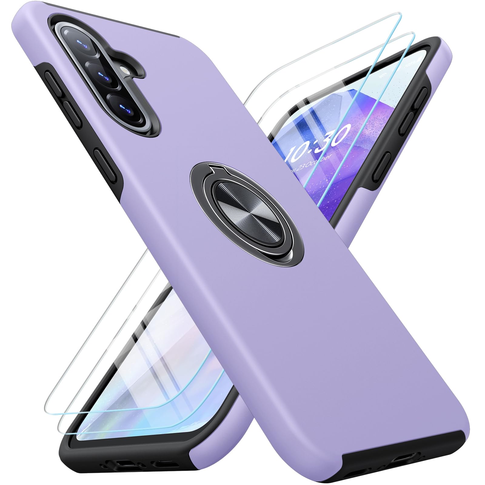 AOUIA für Samsung Galaxy A36 5G Hülle mit 2 Stück Panzerglas, 3-in-1 Set Schutzhülle, 360°Drehbarer Ring Kickstand, Anti-Fingerabdruck Militärstandard Stoßfest Handyhülle für Samsung A36, Veilchen
