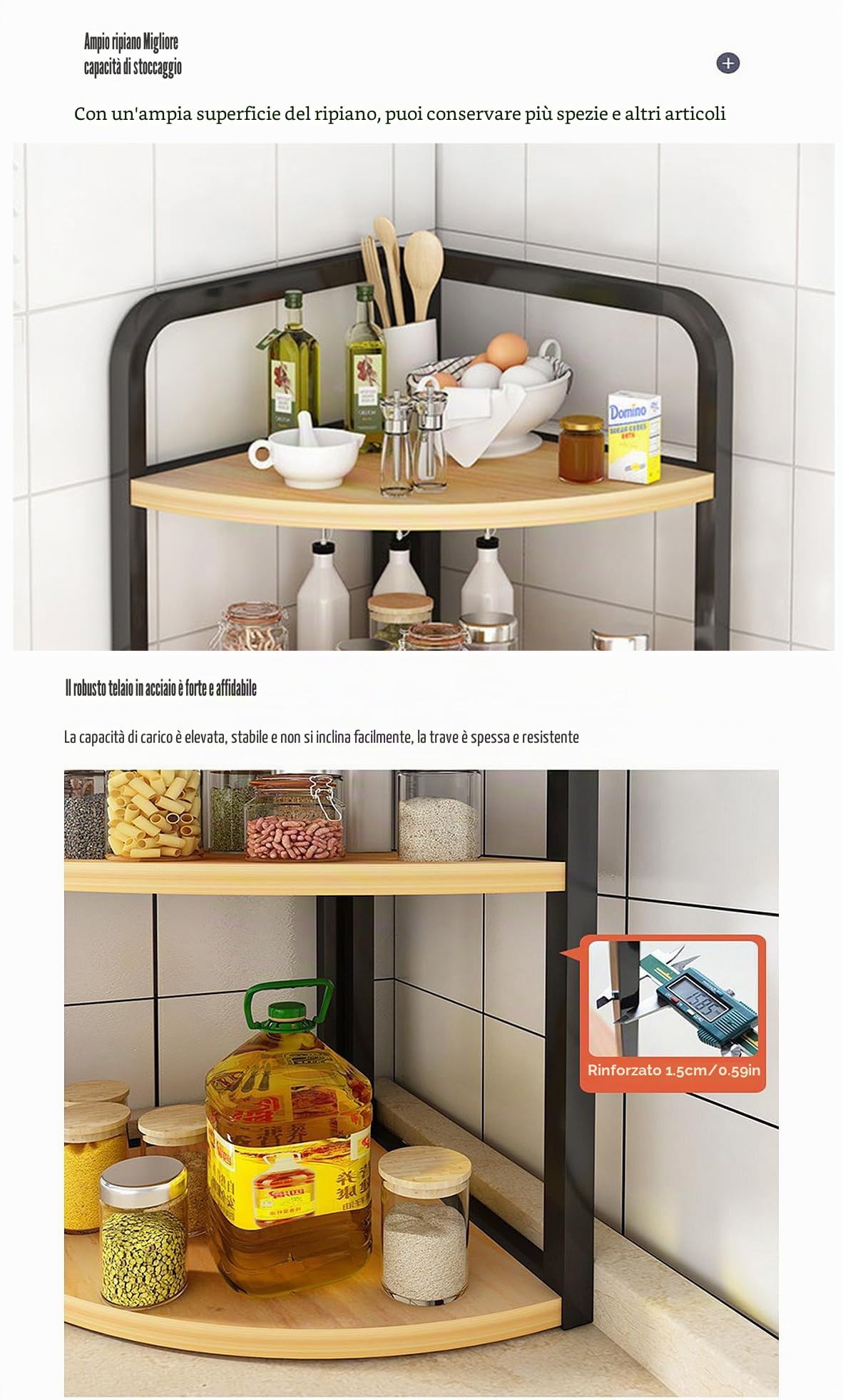 Mensola angolare per piano di lavoro da cucina, portaspezie, accessori da cucina, portaspezie triangolare in legno, organizer angolare da bagno/scrivania in ferro (2 ripiani)