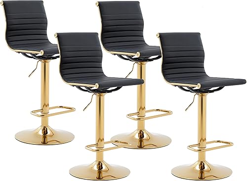 Miniatura 72 de Taburetes de bar ajustables de piel sintética, taburete de bar negro y dorado con respaldo, moderno taburete giratorio de altura de mostrador para