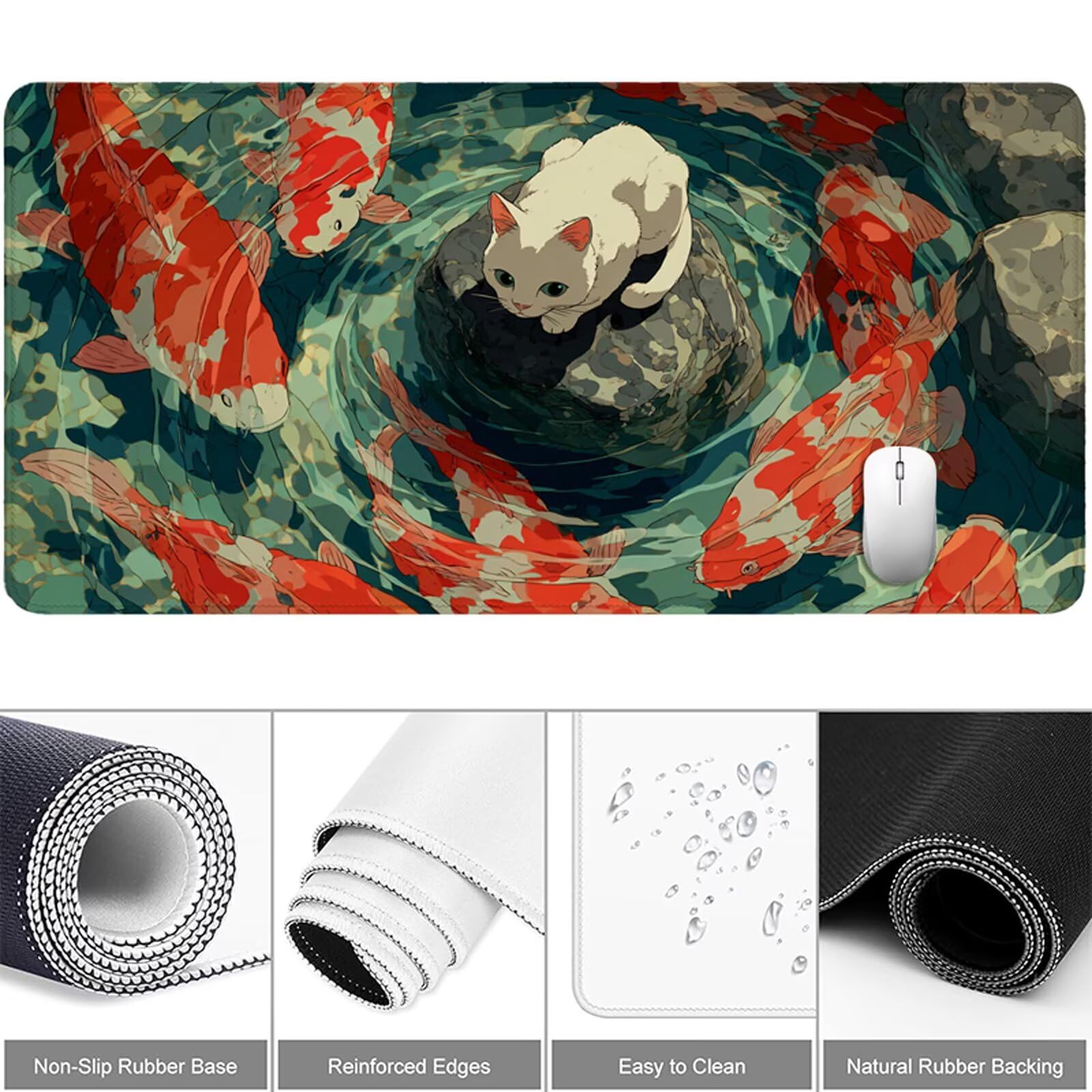 Tappetino Mouse Gaming Carpa koi Mouse Pad Gatto, Sottomano Scrivania Grande 1200x600 mm Migliora la Precisione e la Velocità, Mousepad Impermeabile e Antiscivolo per PC, MacBook, Laptop 3Y-916
