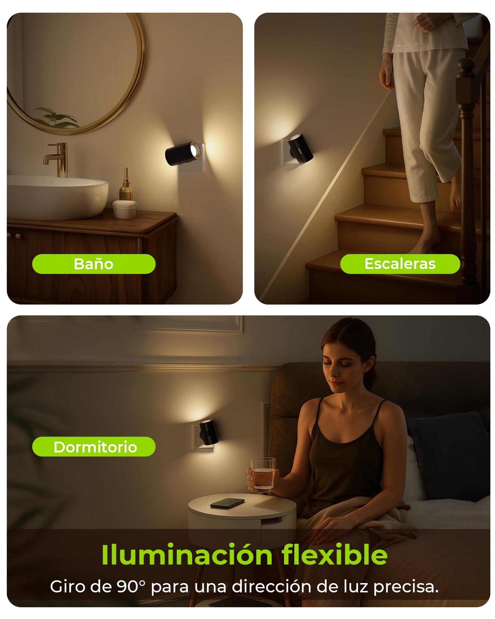 AUVON Lámpara de Noche Enchufable con Sensor de Movimiento y Sensor Crepuscular, Iluminación Superior e Inferior, Luminosidad Ajustable, Innovadora Rotación de 90° para Dormitorio, Pasillo, Cocina