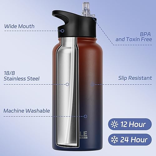 Miniatura 2 de HASLE OUTFITTERS Botella de agua de acero inoxidable de 32 onzas, aislada al vacío, de doble pared, a prueba de fugas, con 2 tapas (popote y