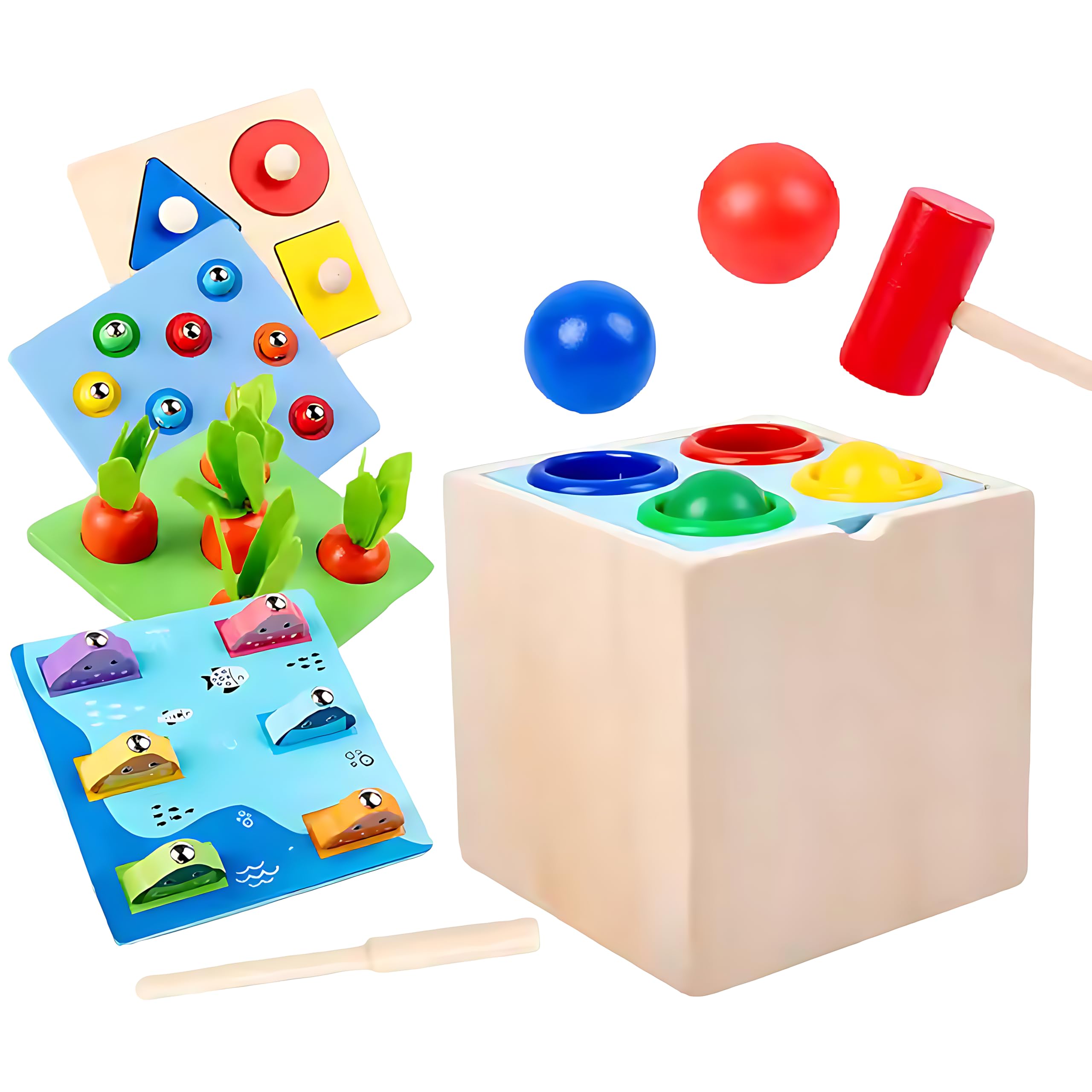 Mara Bommai® Wooden Montessori 5-in-1 Activity Toy Set | Educational Learning Toys for Toddlers | Shape Sorting, Hammering, Fishing, Carrot Harvest & More 4