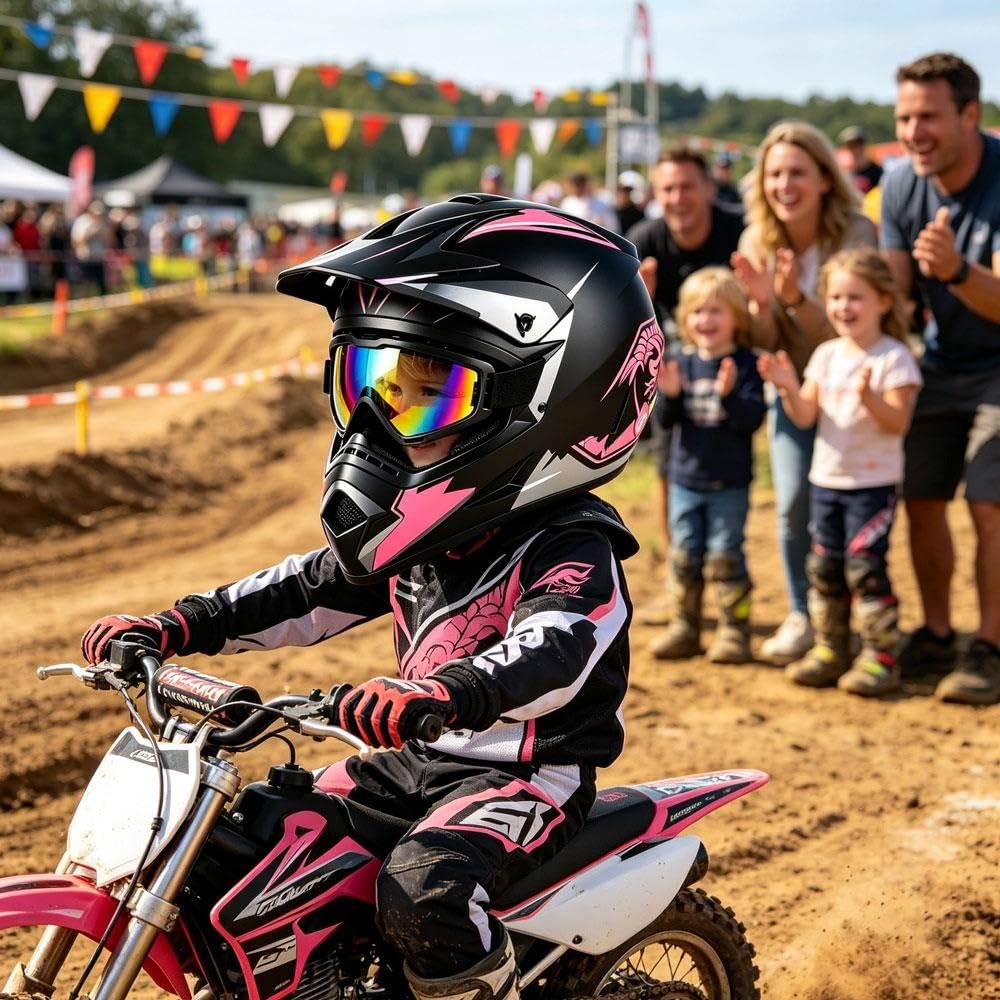 Motocross-Helm-Set für Kinder 4-Teilig: Integralhelm, Handschuhe, Schutzbrille – Geeignet für Motocross, Offroad-Rennen, ATV Und Dirt Bike DOT-Zertifiziert