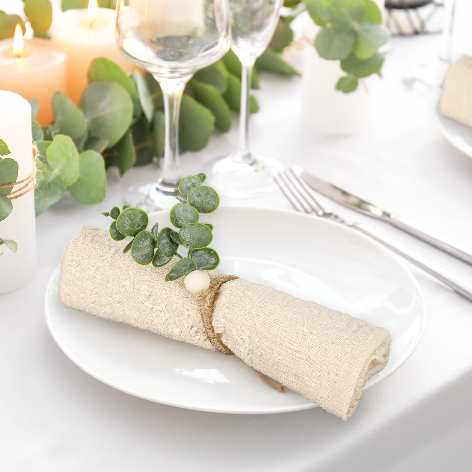 24-Pack Napkin Rings – Artificial Eucalyptus Leaf, Wood Bead & Jute Rope, Rustic Farmhouse Style