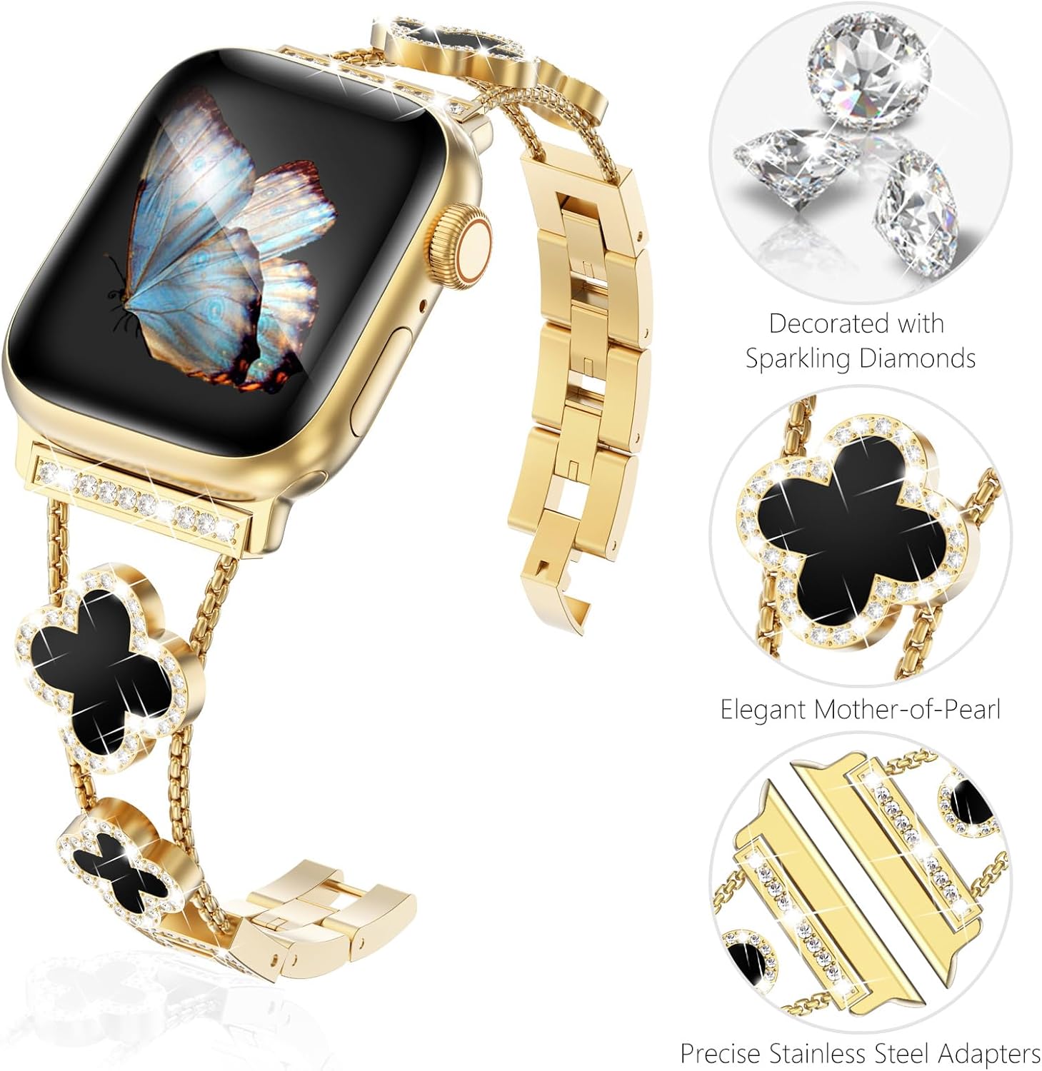 WINGLE Bling Band for Apple Watch Bands Women Series 11 10 SE 3/2/1 40mm 41mm 38mm 42mm 44mm 45mm 46mm Series 9 8 7 6 5 4 3 2 1, Sparkle Diamond Bracelet Cute Lucky 4 Leaf Clover Dressy iWatch Band - Image 3