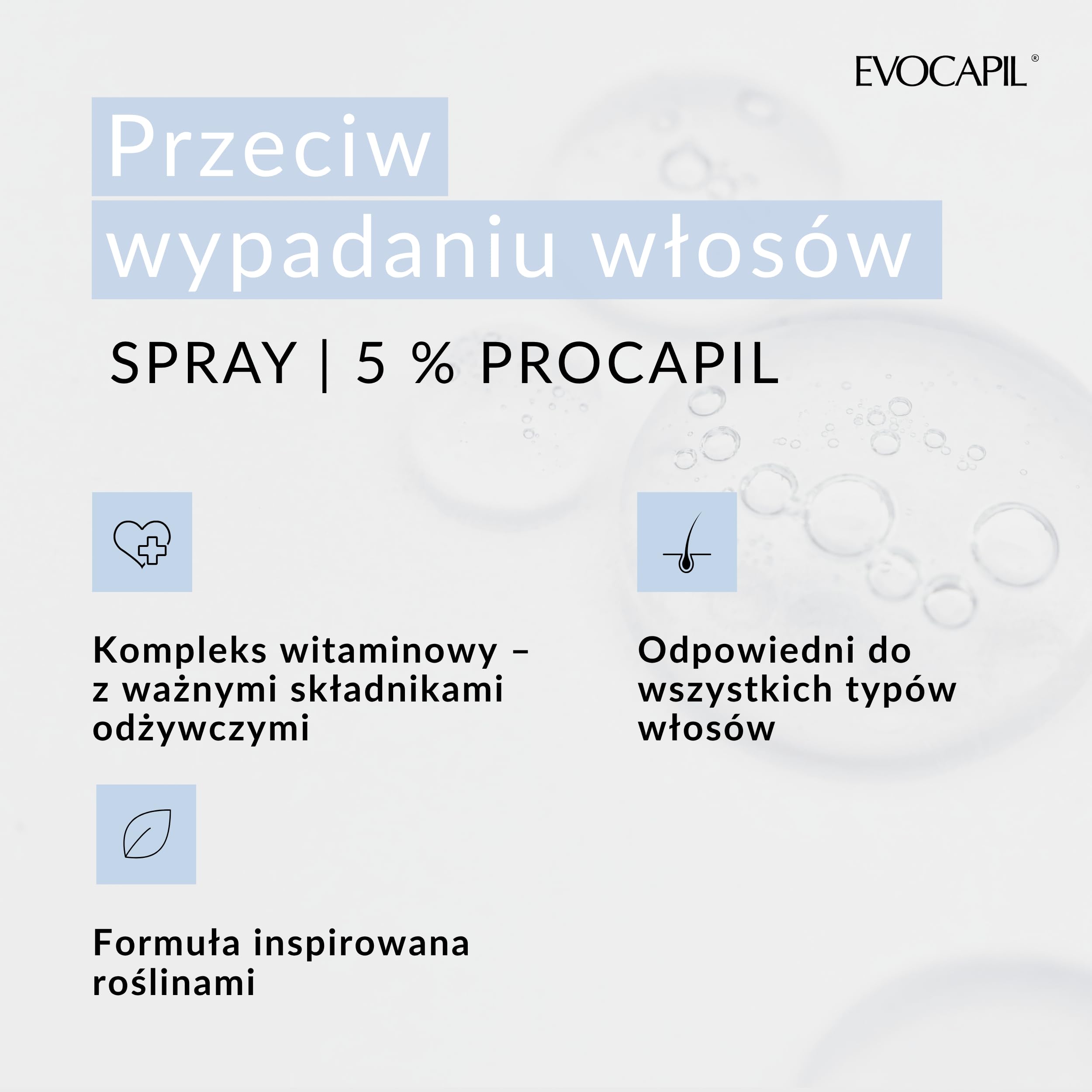 EVOCAPIL Plus Spray przeciw wypadaniu włosów – 5% Procapil i kompleks witaminowy – wzmacnia cebulki włosów, wspomaga wzrost włosów – spray na porost włosów – 1 opakowanie