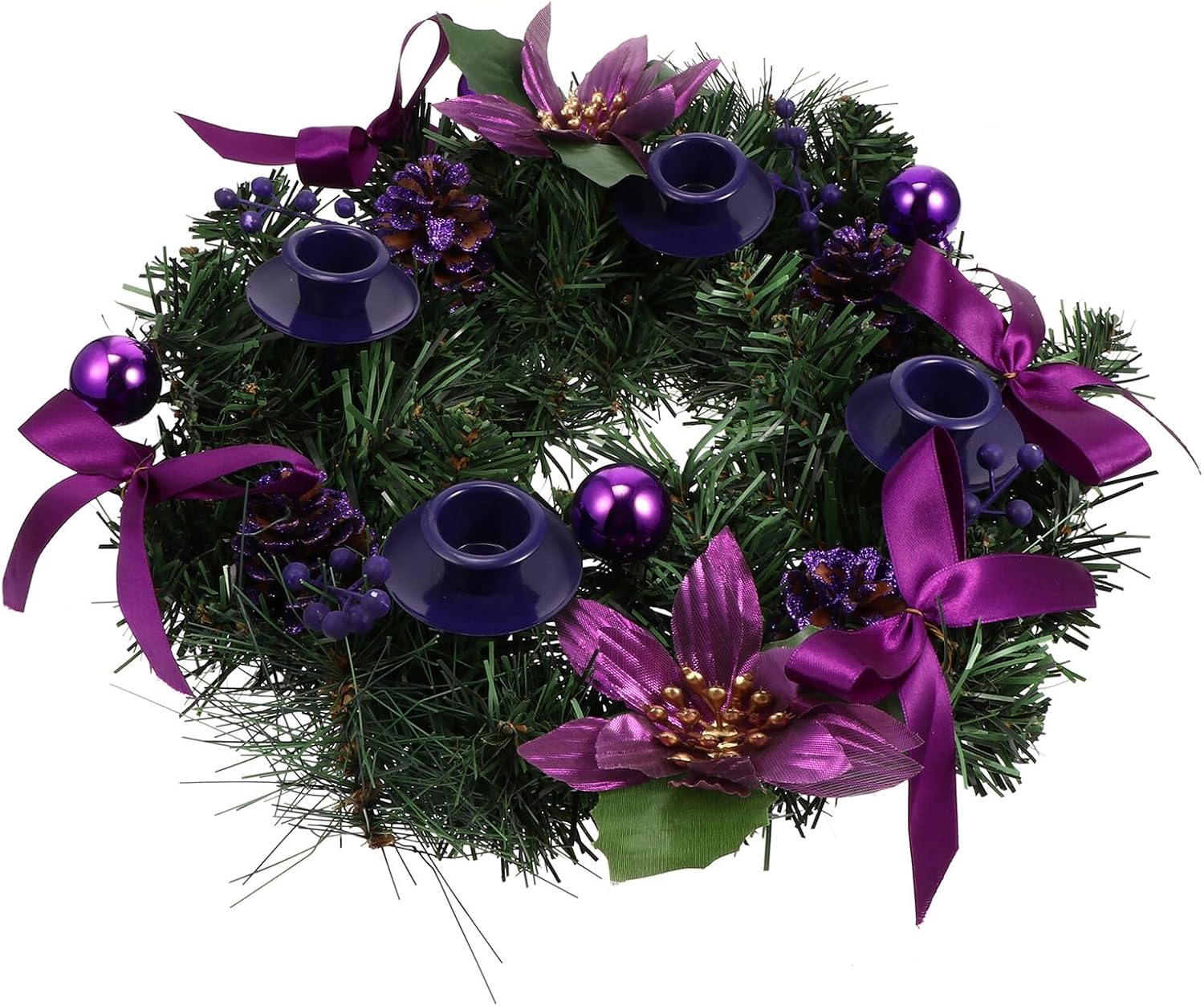 Uonlytech Christmas Wreath Candlestick 30cm Vintage Candle Stand Purple Xmas Candleholder Table Decor for Holiday Centerpiece