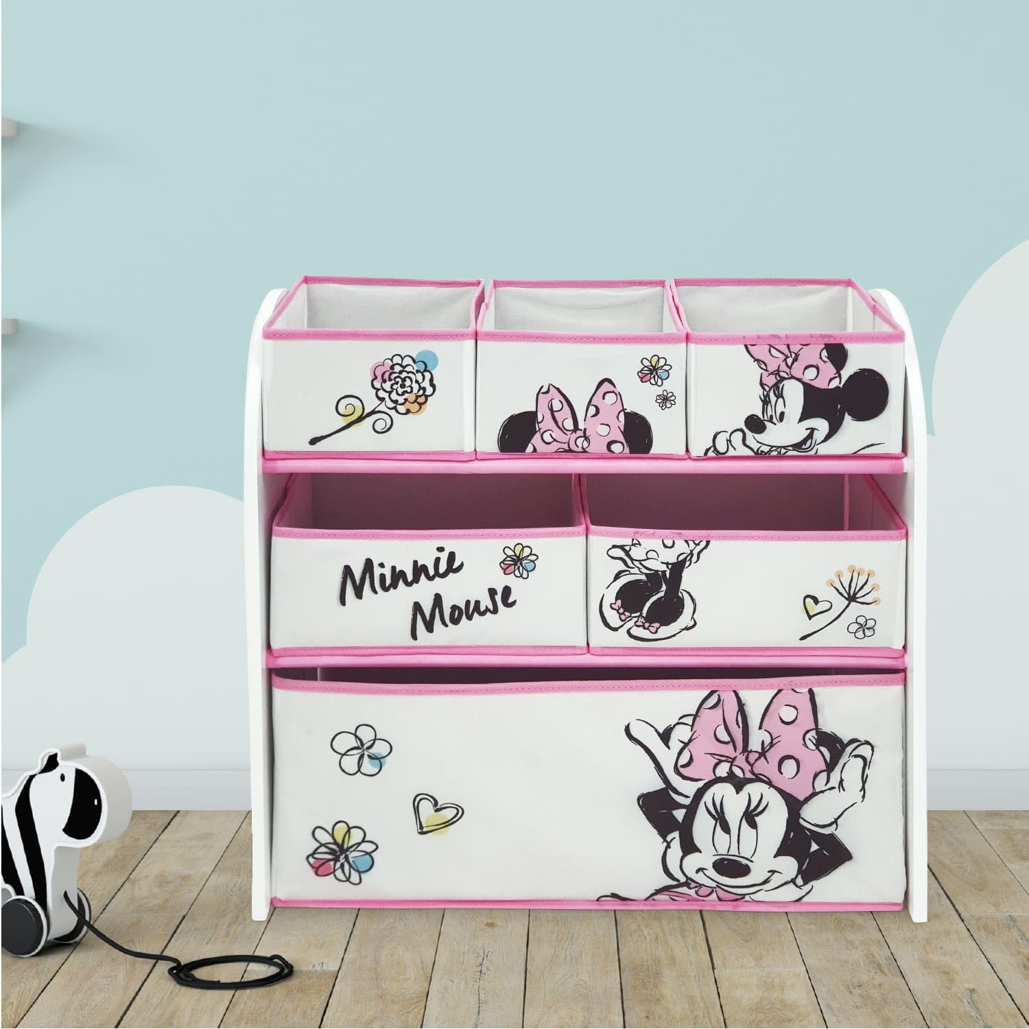 ARDITEX – Organizer aus Holz mit 6 Textilboxen mit Minnie-Mouse-Motiv von Disney – 62x30x60 cm – Farbe Schwarz-Weiß – Perfekt zum Aufbewahren von Spielzeug im Kinderzimmer