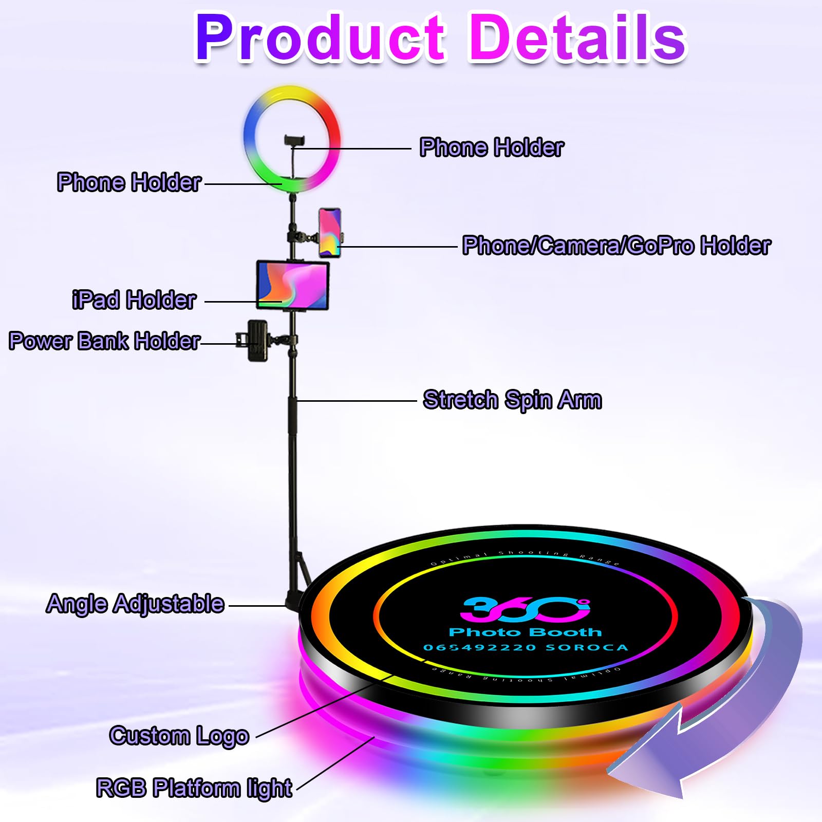 Máquina de cabina de fotos 360 con funda de vuelo y anillo de luz RGB, cabina de fotos portátil de rotación automática de 360 grados y logotipo personalizado para cumpleaños/alquiler (31.5 pulgadas)