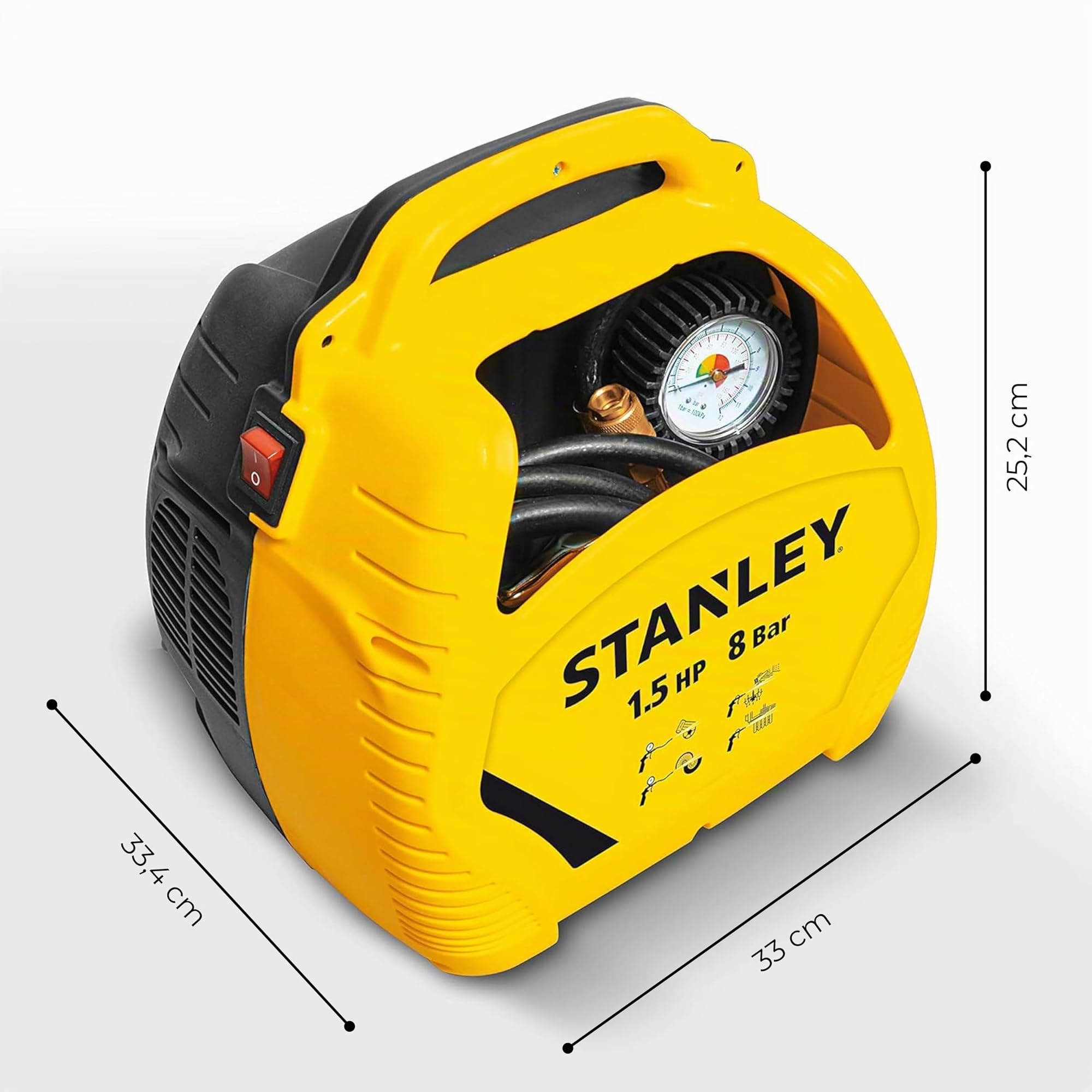 Stanley Compresseur à Air 8 Bar avec Outils Pneumatiques - Incl. Tuyau d'Air 3M, Pistolet à Air avec Manomètre et 3 Buses - Jaune