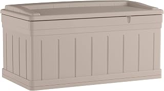 Suncast DB9750 129 Gallon Large Waterproof Outdoor Storage Container for Patio Furniture, Pools Toys, Yard Tools Extended Deck Box, H27 1/2, w/Lid and Seat, Taupe