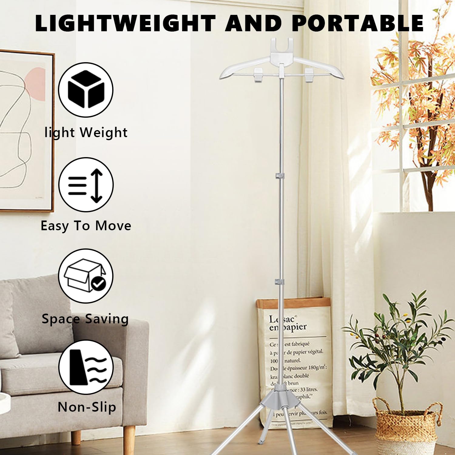 Percha para plancha de vapor, soporte ajustable para plancha de vapor de mano con guante para planchar y quitapelusas, perchero telescópico con trípode (Gris)