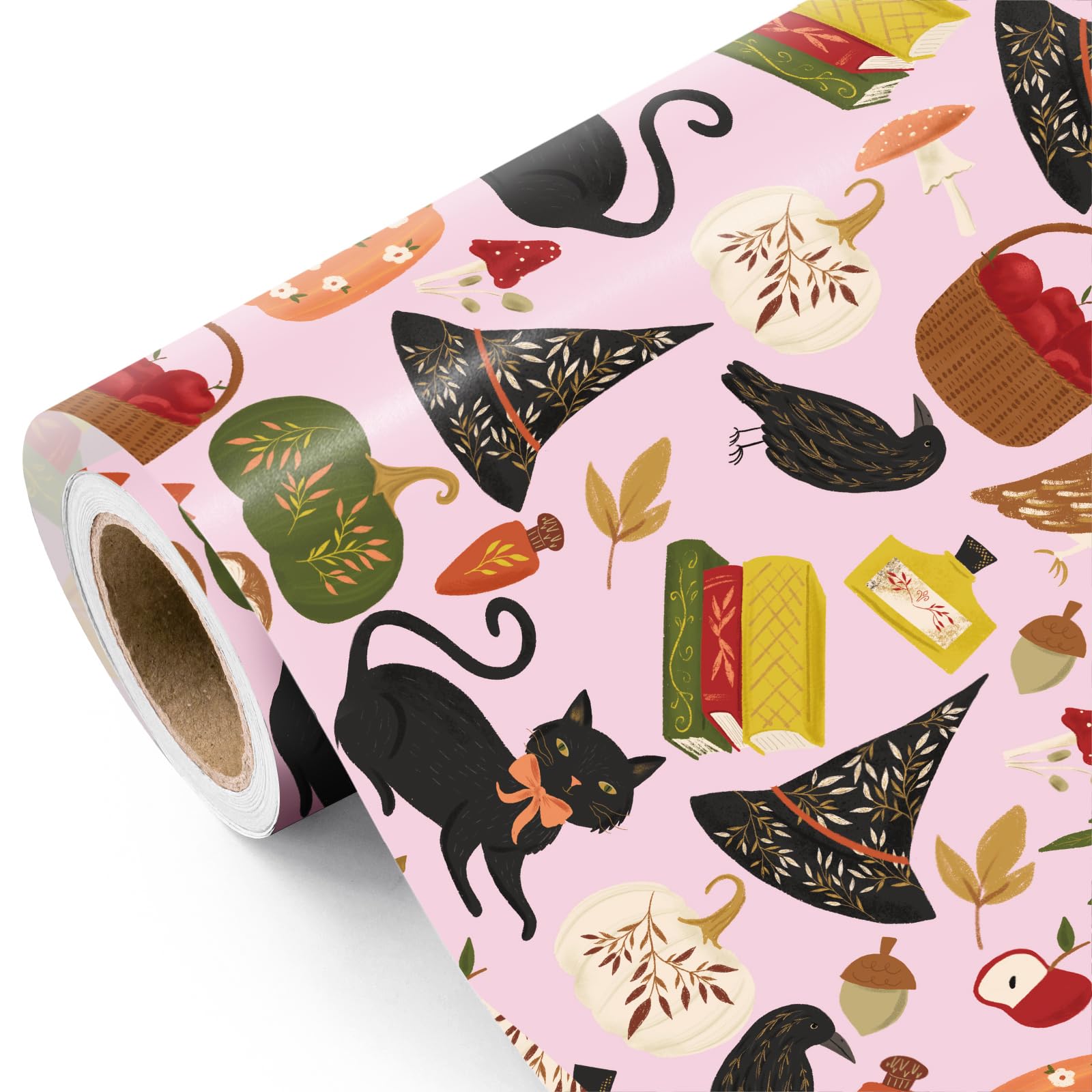 RUSPEPA Pink Halloween Wrapping Paper Roll - Mini Roll - 43.2cm x 5m - Halloween Element with Black Cat Witch Cap Potions Pumpkins Design for Fall Holiday, Kids Birthday, Girl Gifts โ image 1