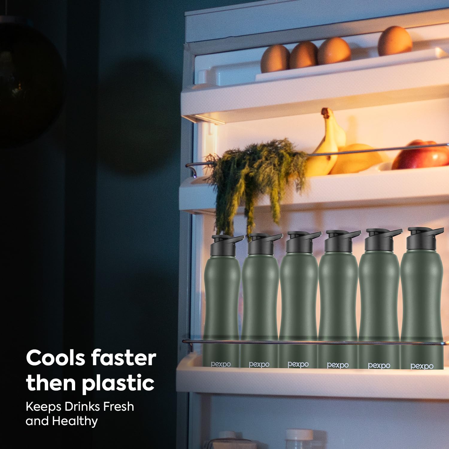PEXPO Stainless Steel Fridge Water Bottle, 750ml - Leak-Proof, Easy Grip, Military Green (Pack Of 4)