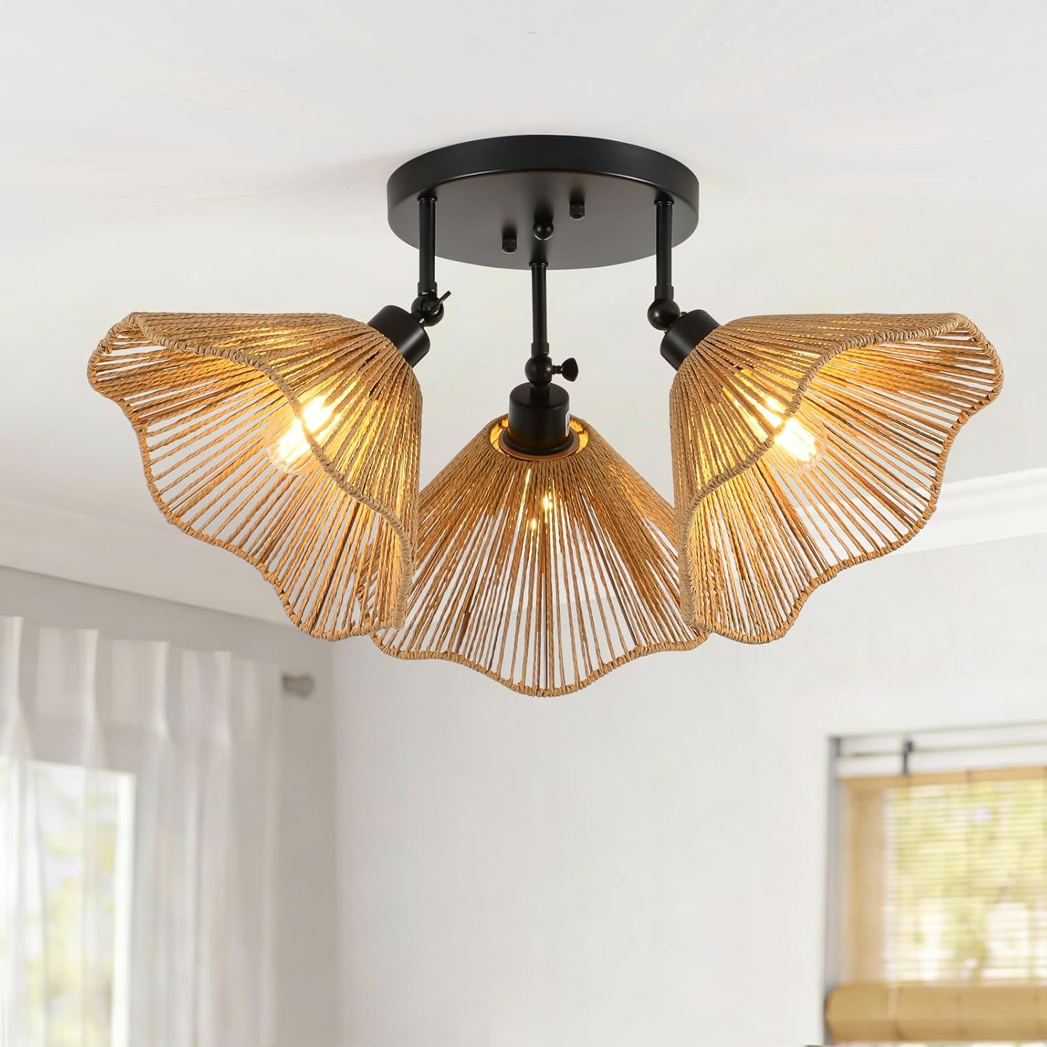 ETONIMERR 26.77'' Rattan Semi Flush Mount Ceiling Light Fixture, 3-Lights Boho Light Fixtures Ceiling Mount, Woven Chandelier Wicker Light Fixture for Dining Room Entryway Hallway Bedroom Kitchen