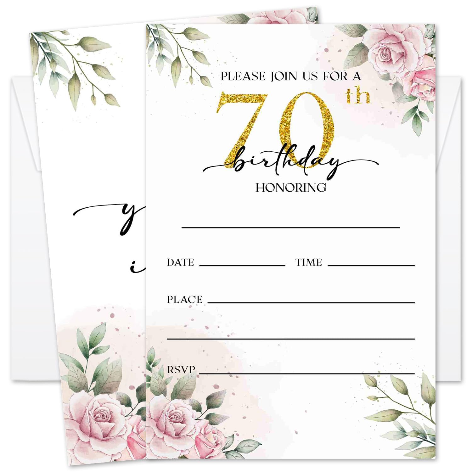 GOODBANER 70th Rose Birthday Invitation for Women, Birthday Invitation With Envelopes, 70 Years Old Birth Invites for Adult, 20 Pcs Birth Invite Cards