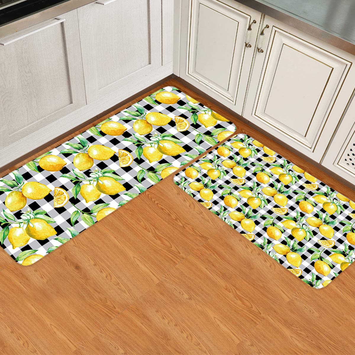 Kitchen Floor Mat Set of 2 Nature Fruit Comfort Cushioned Antifatigue Mats for Standing Waterproof Kitchen Rug Set for Home Office Lemon Black White Buffalo Check Plaid 15.7x23.6inch+15.7x47.2inch