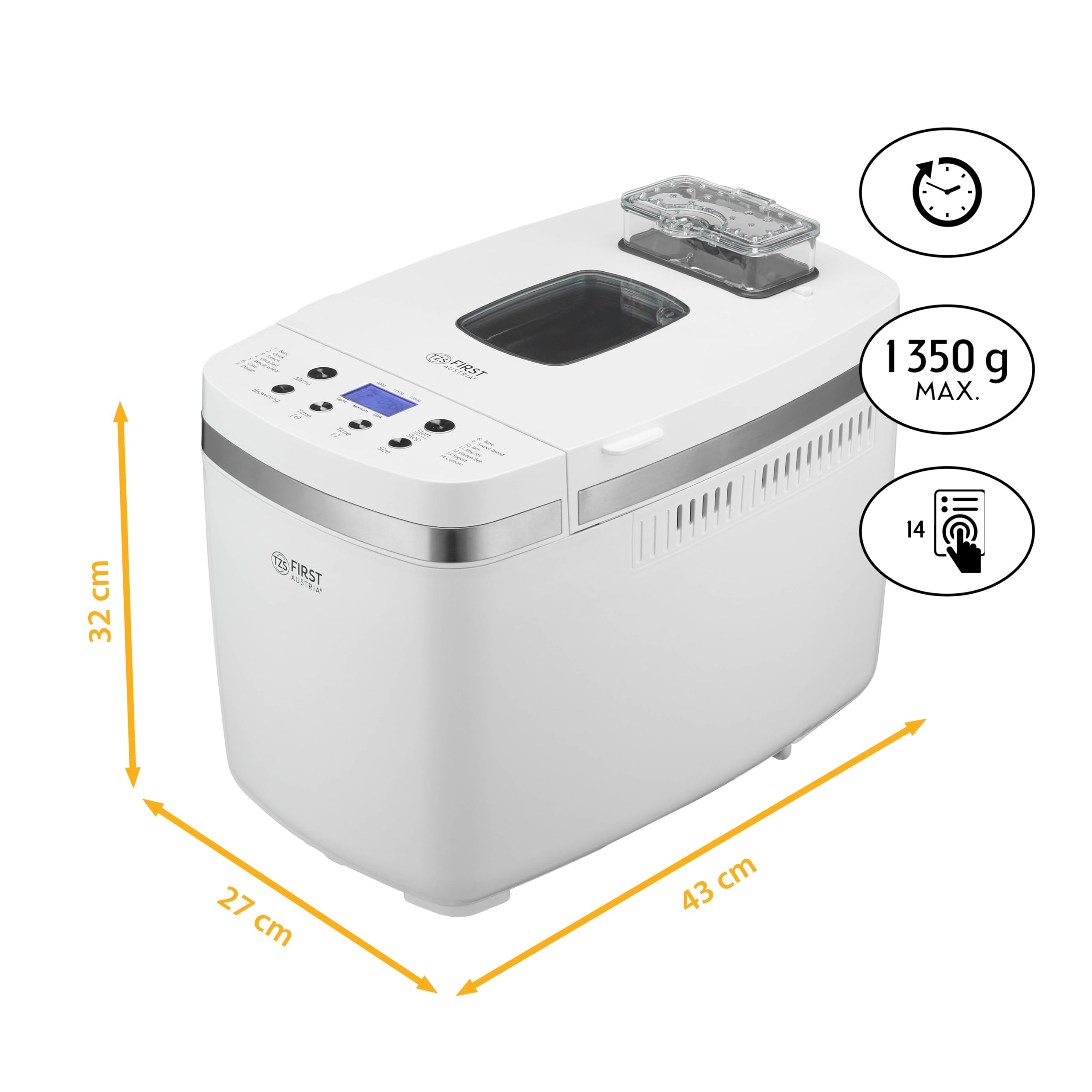 TZS First Austria - Brotbackautomat 850W - Teigmenge 900g und 1350g - 14 Automatikprogramme - Einstellbare Bräunungsgrade, Timer & Warmhaltefunktion - Automatische Abschaltung