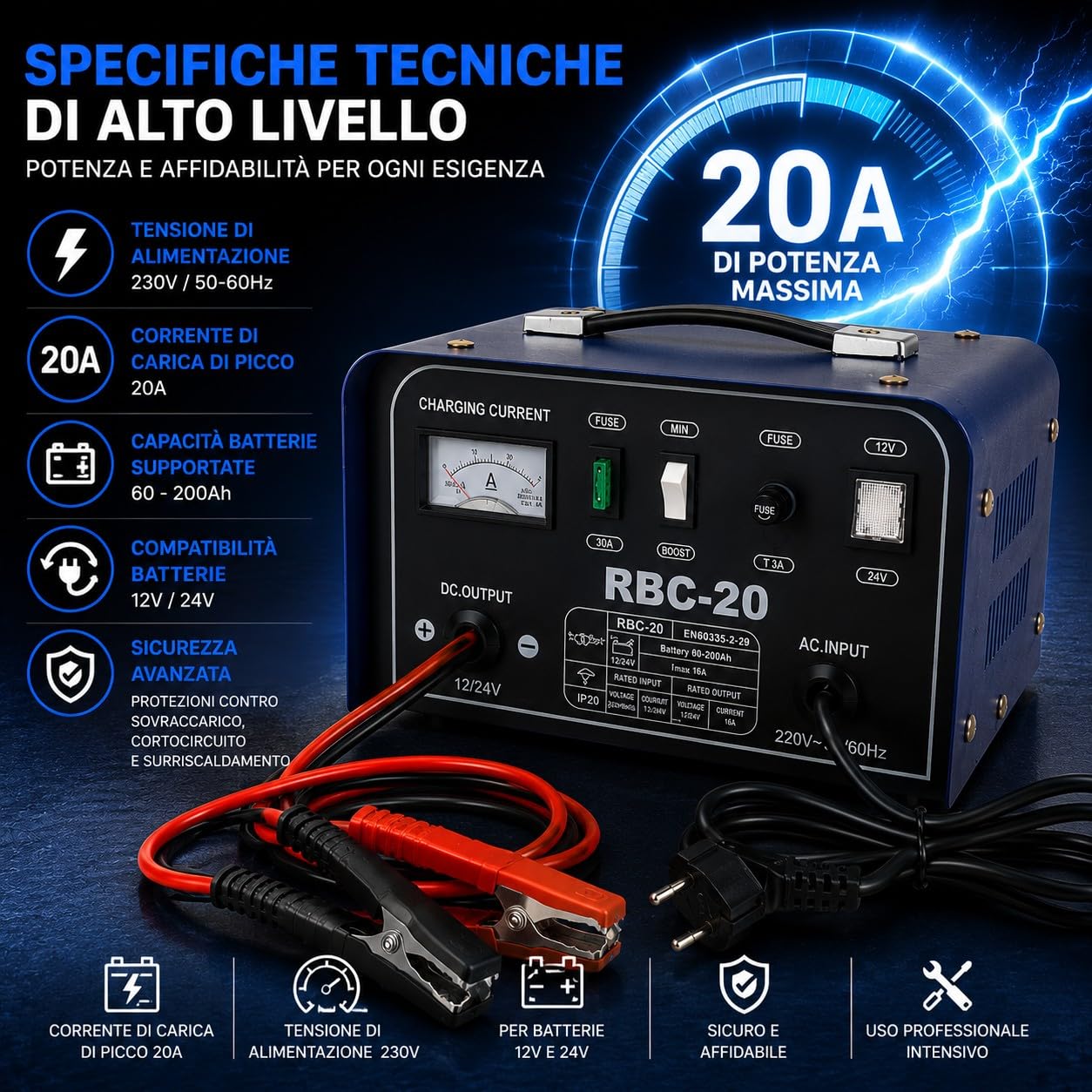 Caricabatterie Auto Moto 12V 24V Corrente di Picco 20A Professionale per Batterie al Piombo 60-200Ah con Amperometro Analogico Modalità MIN/MAX per Auto Furgoni Barca Trattore