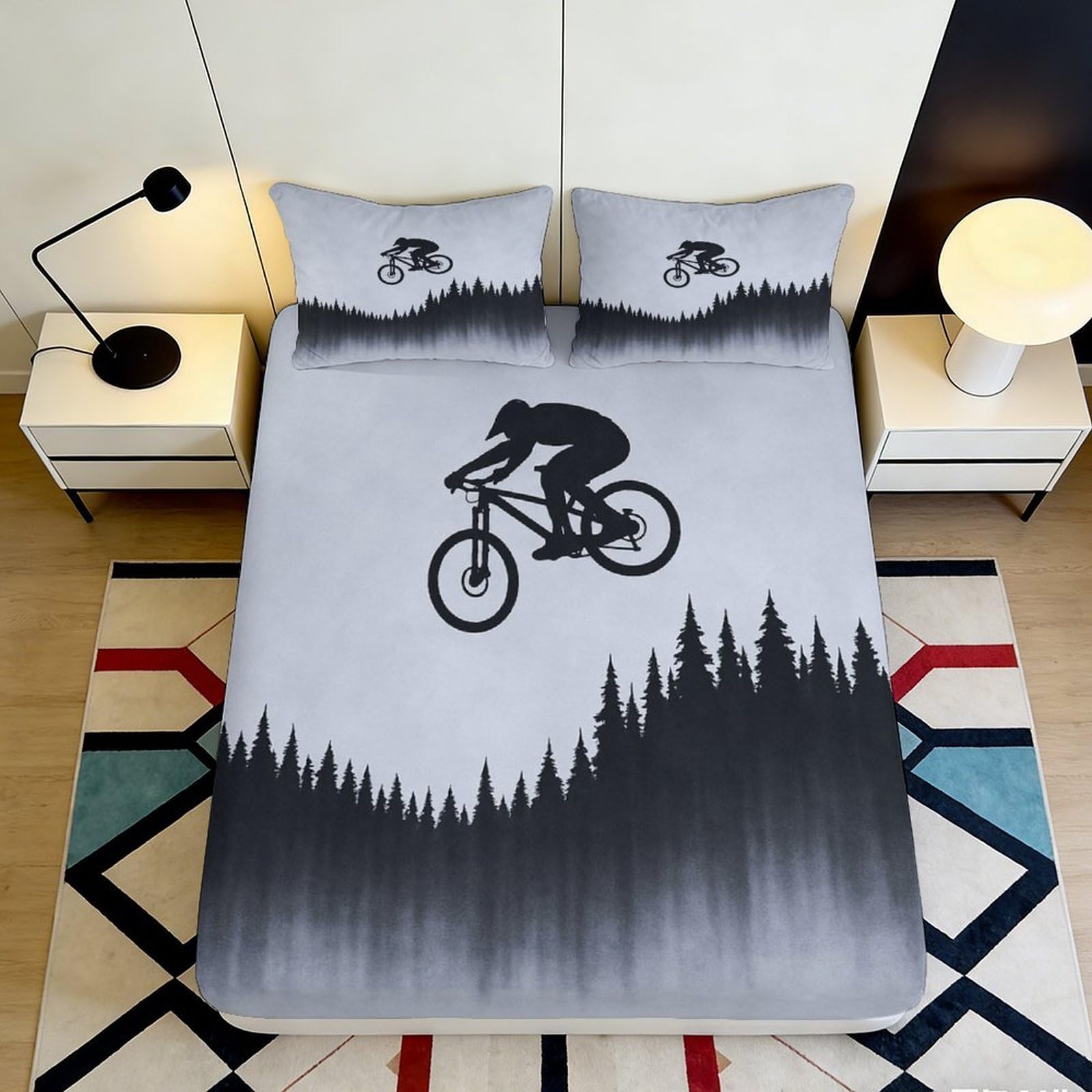 3D Printed Forest Mountain Fitted Sheet Microfiber Soft Breathable Cycling Silhouette Mattress Cover for Bedroom Dorm Decor 90x200x25cm