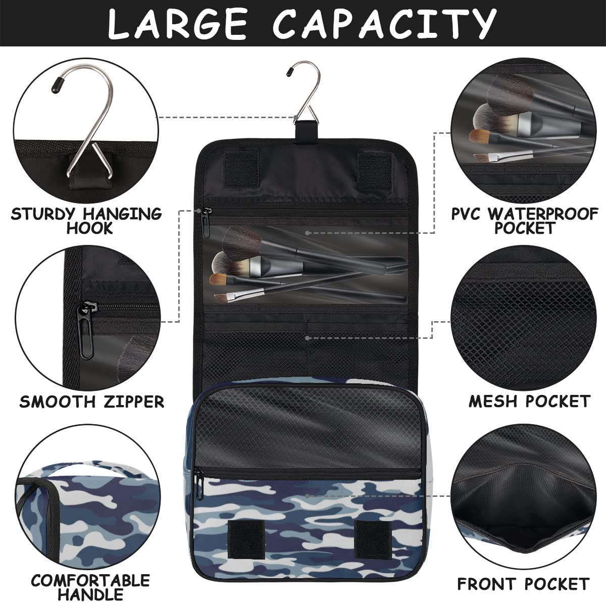 Kamuflaż podróżna kosmetyczka niebieski kamuflaż torba do mycia torba unisex wiszące przybory toaletowe organizer na kosmetyki, wielobarwny, Jeden rozmiar