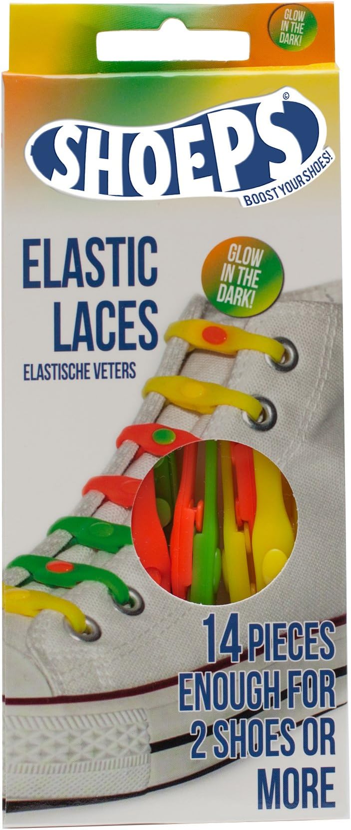 Shoeps Elastic Laces, 14 Pieces - Glow in The Dark - Multi-Colour, Regular