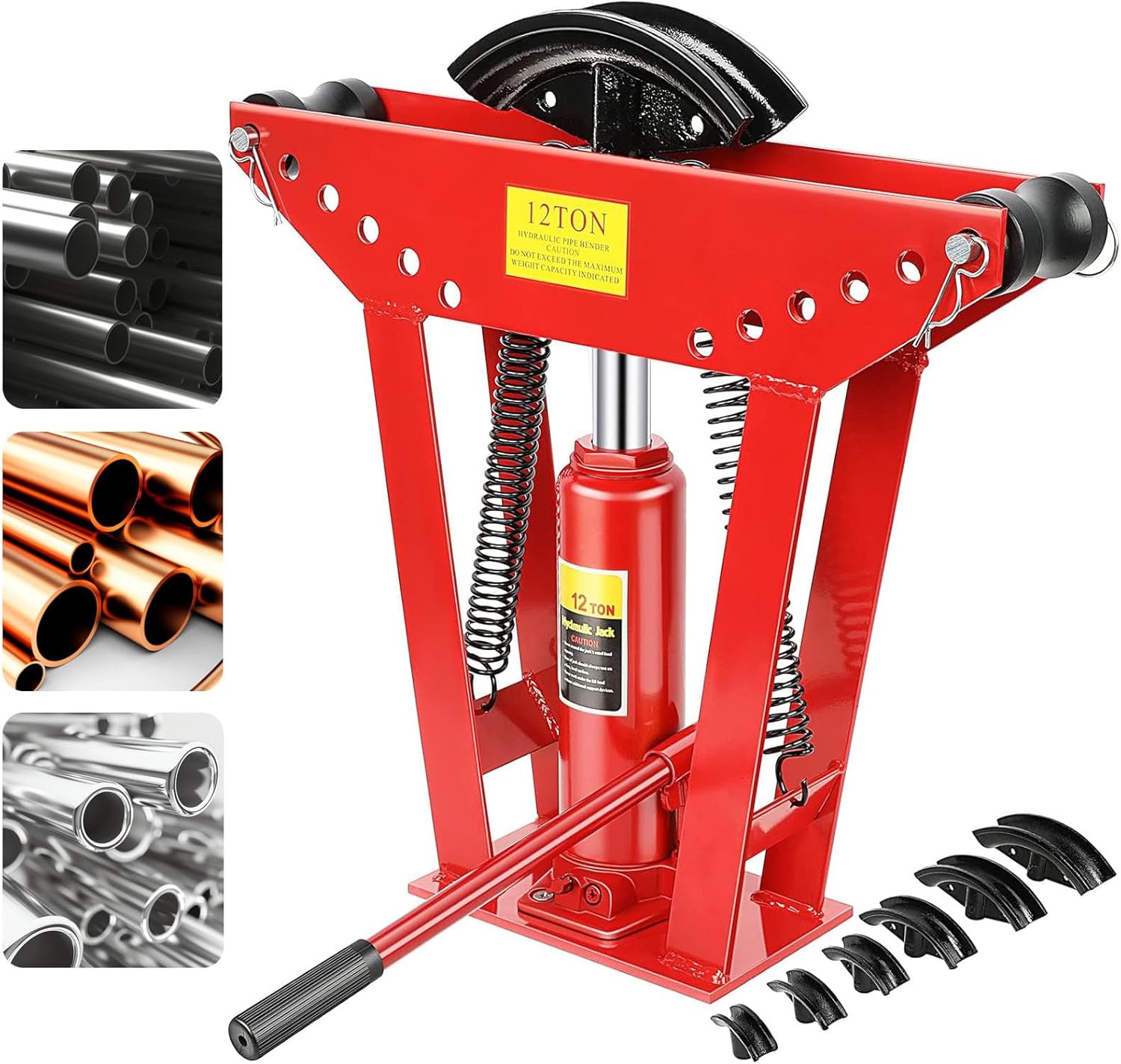 FAHKNS 12 Ton Hydraulic Pipe Bender with 6 Dies - 90°-180° Copper Steel Metal Tubing Bender 1/2-2 Inch Ratcheting Tool