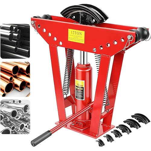12 Ton Hydraulic Pipe Bender, Manual Copper Pipe Bender, 90°-180° Adjustable Rollers Hydraulic Tubing Bender with 6 Dies for Steel Iron Metal Ratcheting