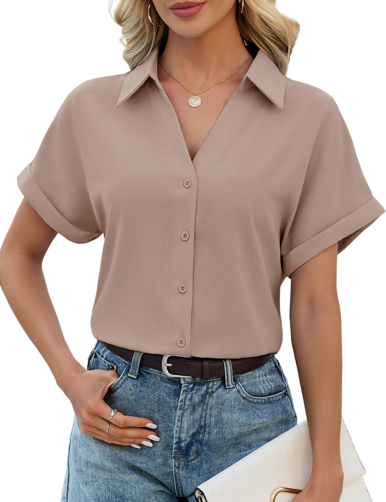 CMTOP Bluse Damen Sommer Chiffon Oberteile Kurzarm Hemd Elegant V-Ausschnitt Button-Down Blusen Casual Lockere Hemdbluse Arbeitsbluse Basic Revers Shirts Freizeit Tunika Tops