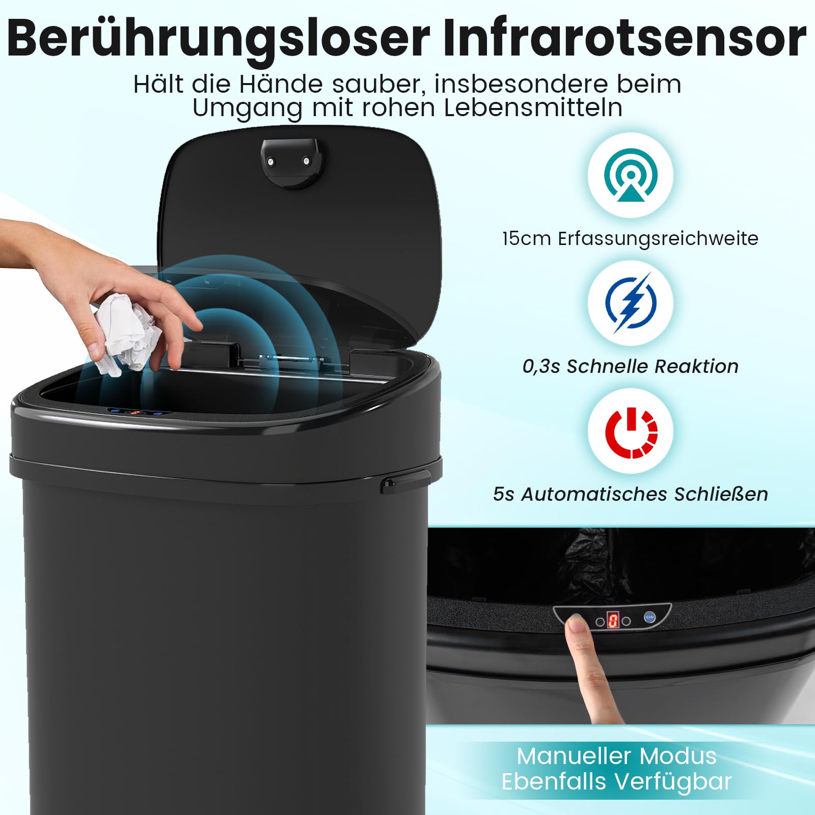 COSTWAY Mülleimer mit Sensor, 58L Abfalleimer Küche, 2 Fächer Mülltrennsystem für Recycling und Restmüll, automatischer Küchenabfalleimer mit Softclose-Deckel, schwarz