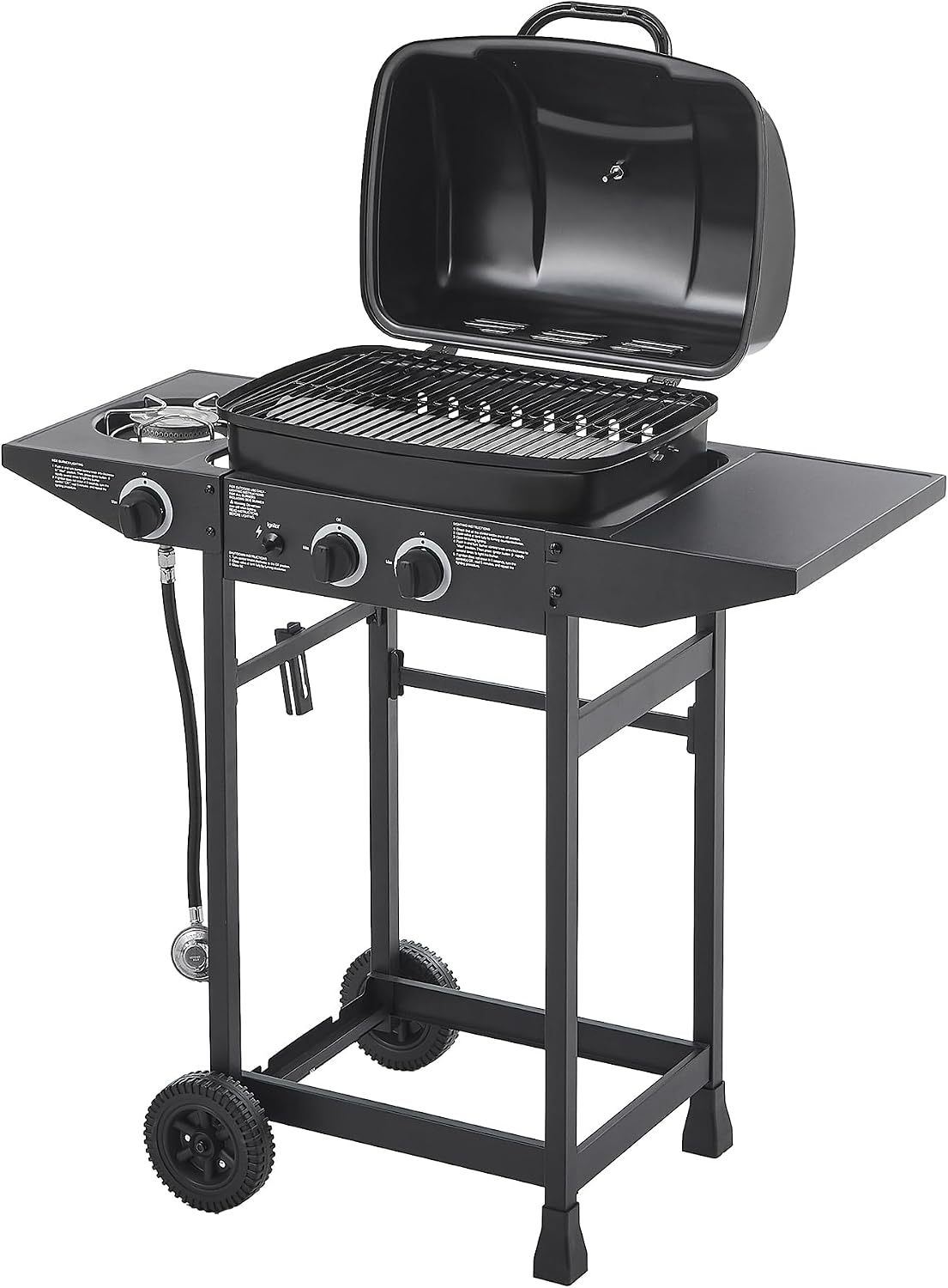 Black 2 Burner Propane Gas BBQ Grill with Side Burner, 24000 BTU Output Stainless Steel Barbecue Grill with Enameled Grates and Side Tables for Outdoor Cooking Patio Backyard (2+1)