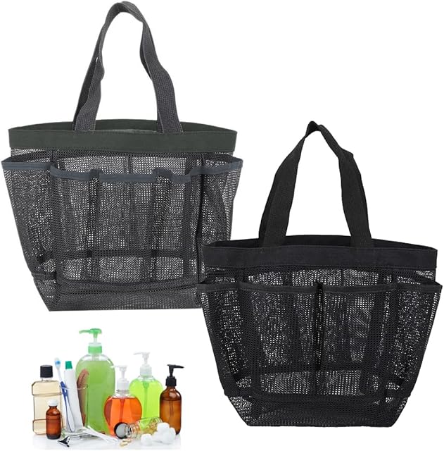 TANCUDER Mesh Shower Caddy Bag, 2 Pack Quick Dry Mesh Shower Bag Portable Shower Tote Hanging Bath Shower Organizer with 8 Storage Pockets, 2 Handles for Dorms Gym Travel Bathroom (Black & Gray)
