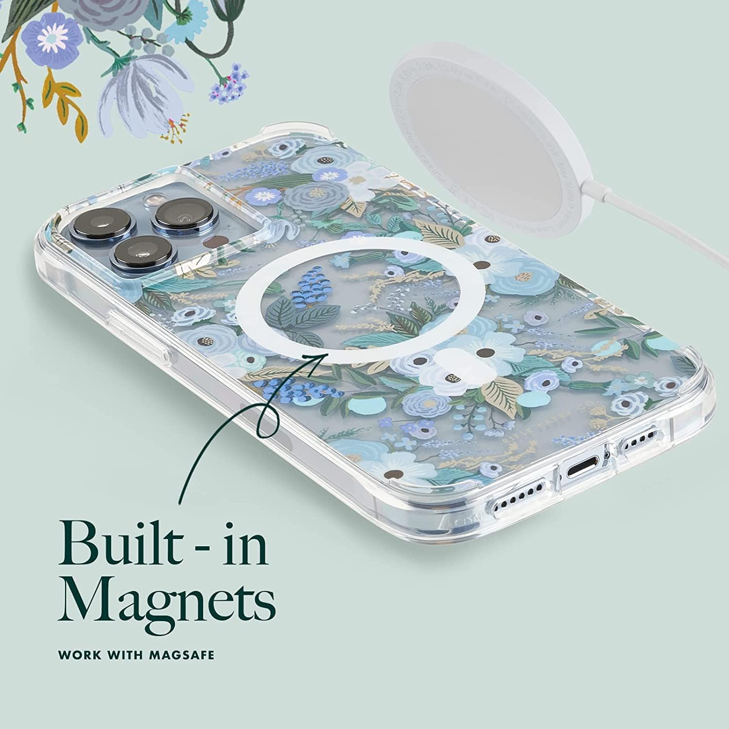 Case-Mate iPhone 13 Pro Max Case for Women [10ft Drop Protection] [Compatible with MagSafe] Floral Print Phone Case for iPhone 13 Pro Max, Slim Anti Scratch, Shock Absorbing - Garden Party Blue