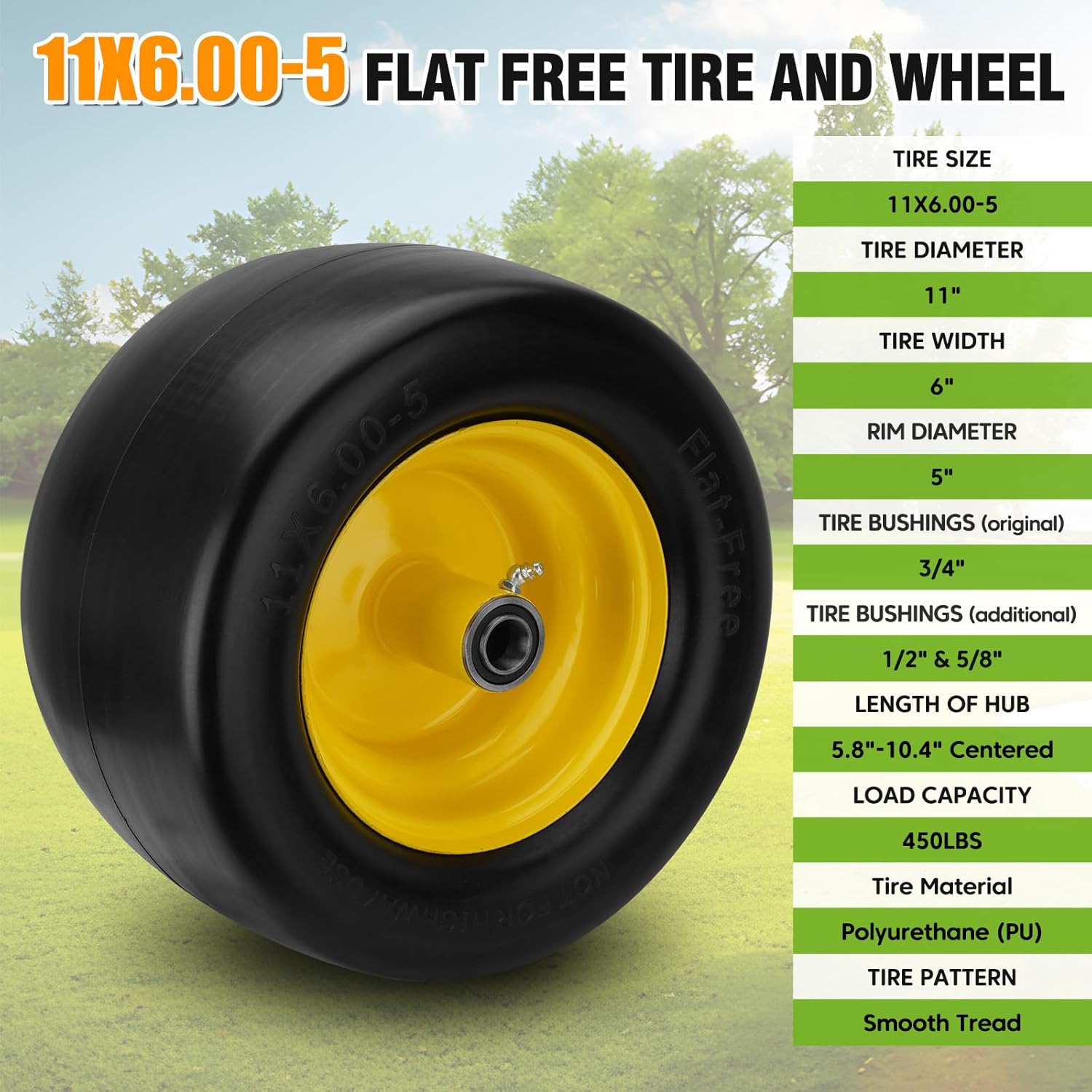 2pcs 11x6.00-5 flat free tire and wheel with 1/2" & 3/4" & 5/8" precision bearings and 5.8"-10.4" centered hub, yellow front zero-turn smooth tire replacement for riding lawn mowers garden tractor