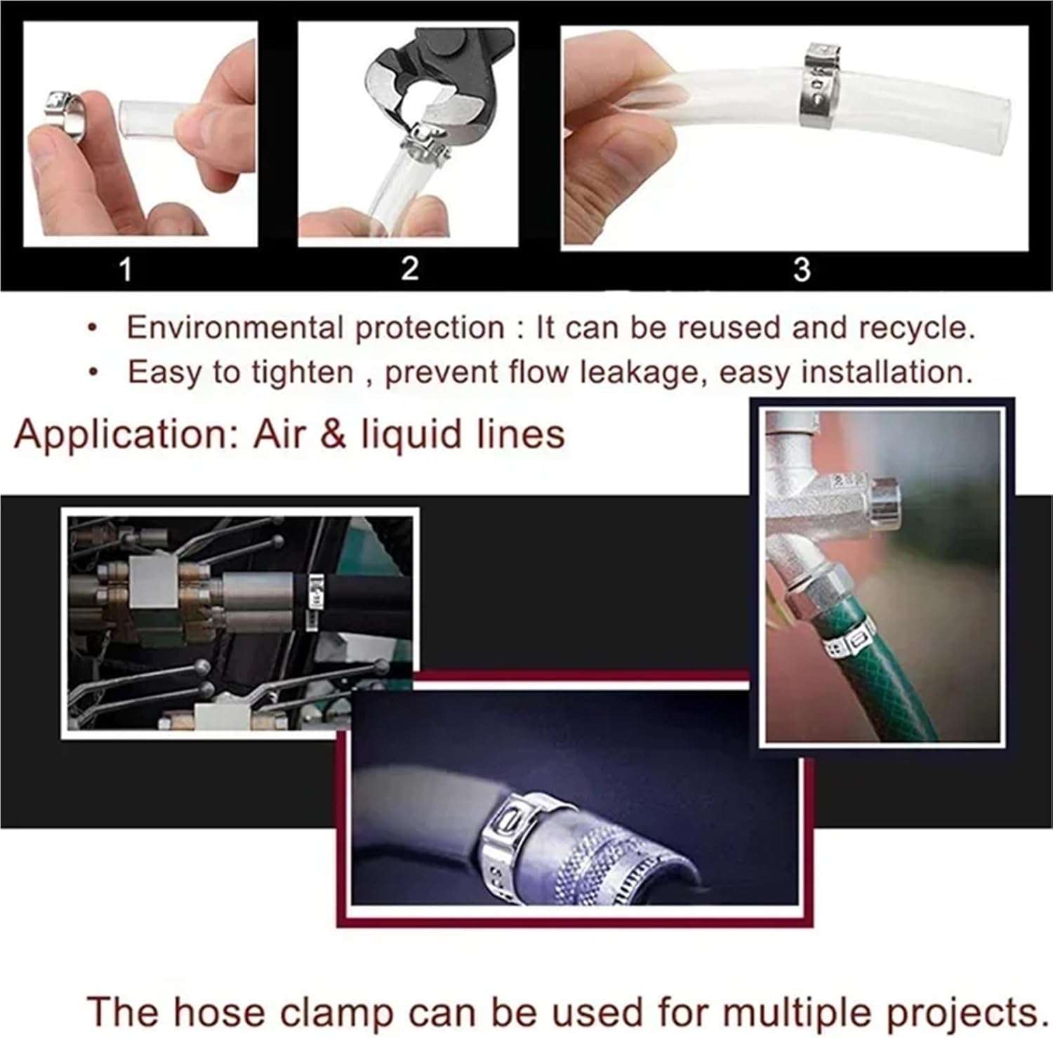 Hose Clamp 180pcs Hose Clamps 5.3-33.1mm Single Ear Stepless 304 Stainless Steel Pipe Clamp Rings For Sealing Kinds For Creating Leak proof Seal For Various Hoses