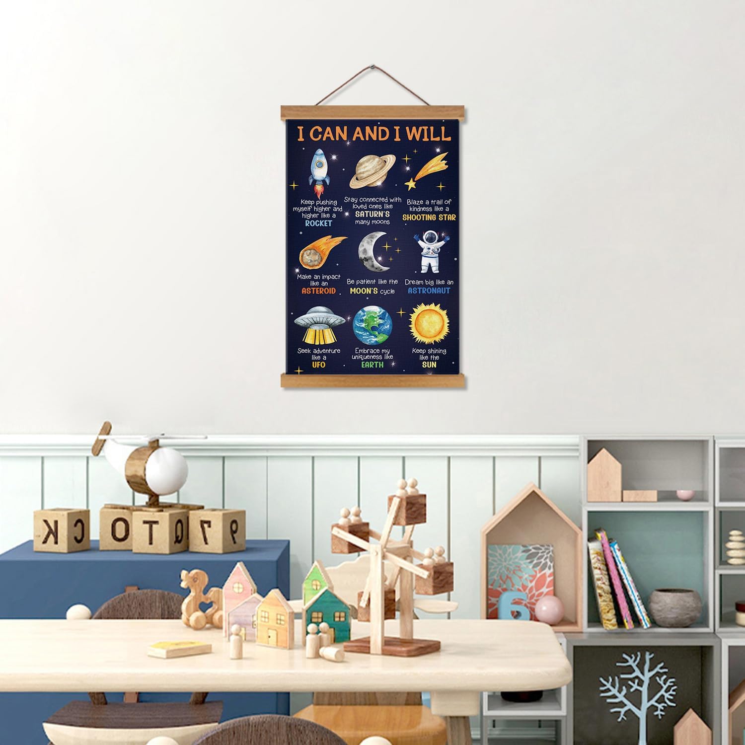 KAIRNE Outer Space Poster,I can I Will Positive Space Themed Decor,Rocket Prints Astronaut Hanging Canvas With Magnetic Hanger,Motivational Wall Art for Boys Room Bedroom Kids Classroom Decor image 5
